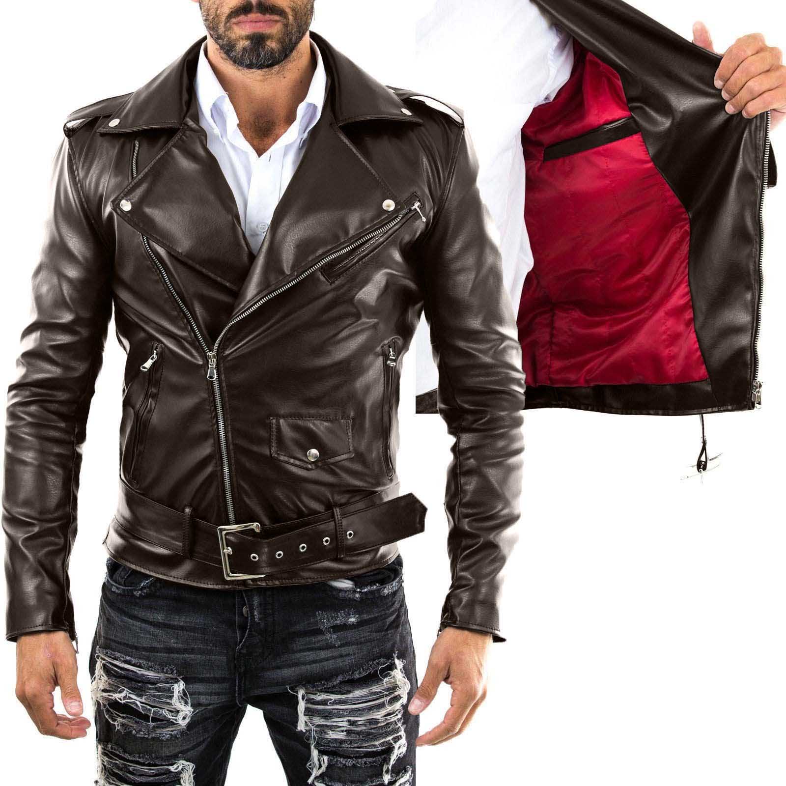 Chiodo Biker In Vera Pelle Nero Uomo Slim Interno Rosso Rindway