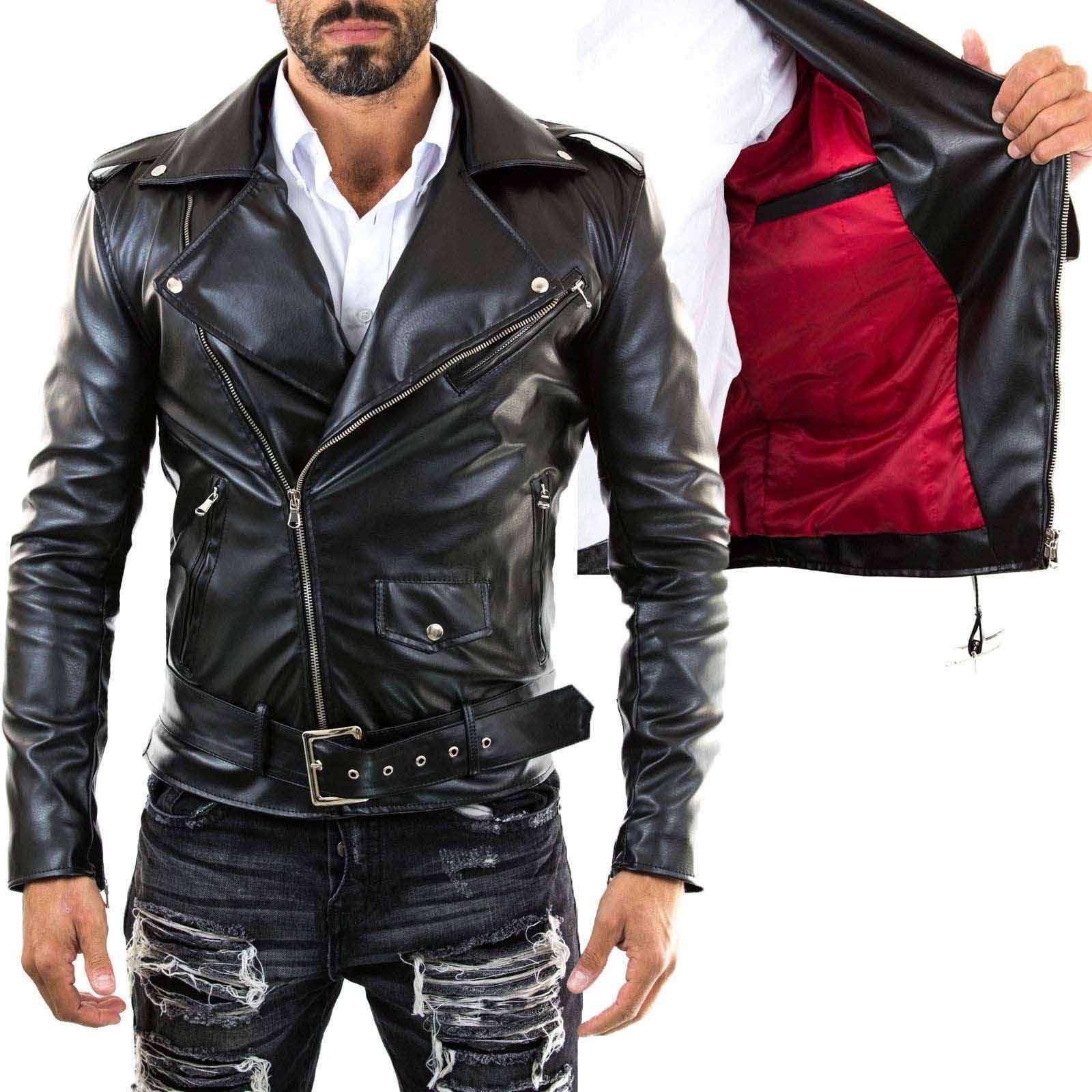 Men's Black Genuine Leather Biker Jacket Slim Red Interior Rindway