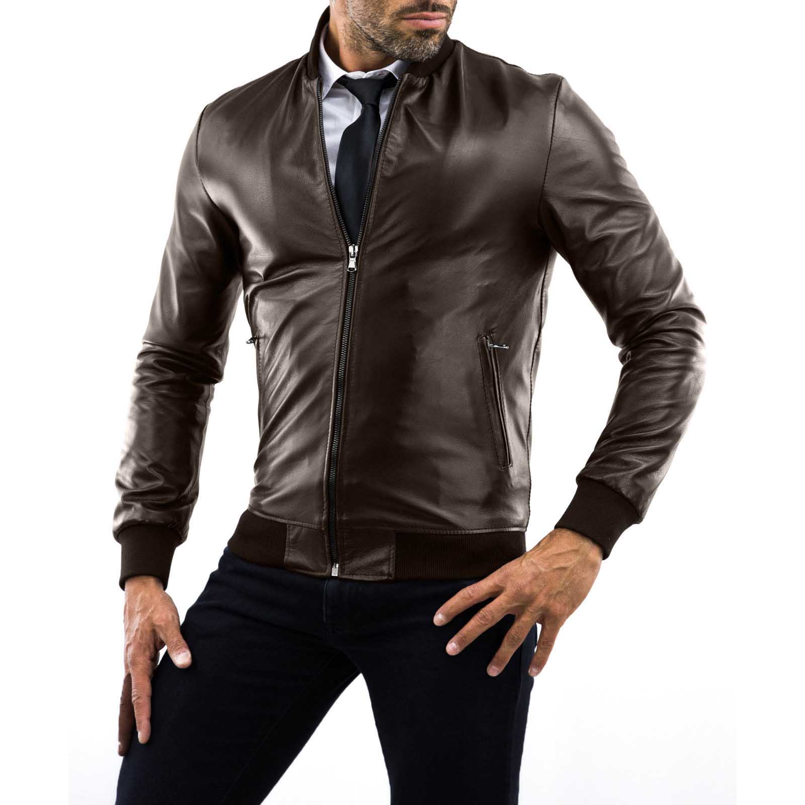 Rindway Men's Black Genuine Leather Bomber Jacket Slim College Collar