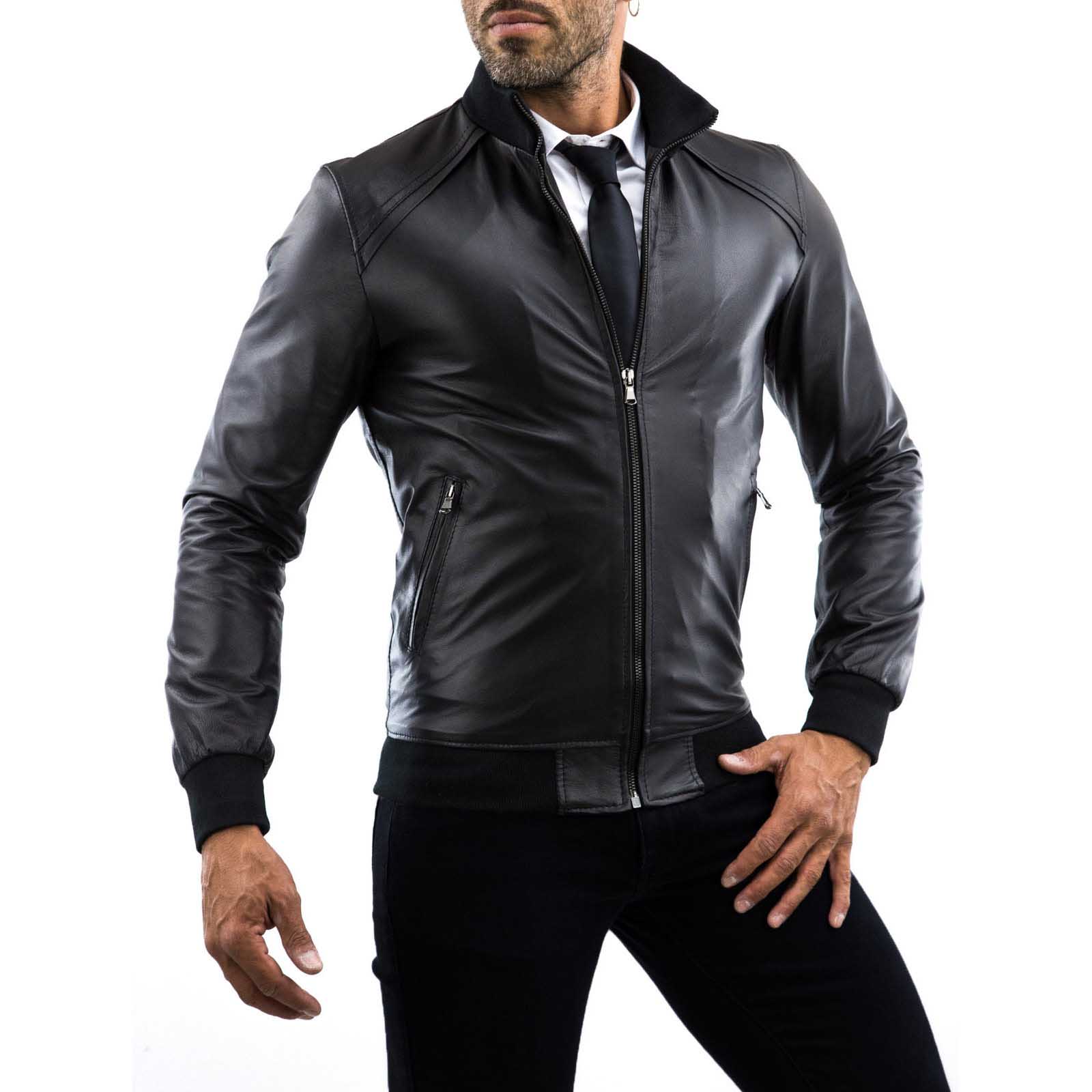 Slim Men's Black Genuine Leather Bomber Jacket With Rindway Detail On The Shoulders