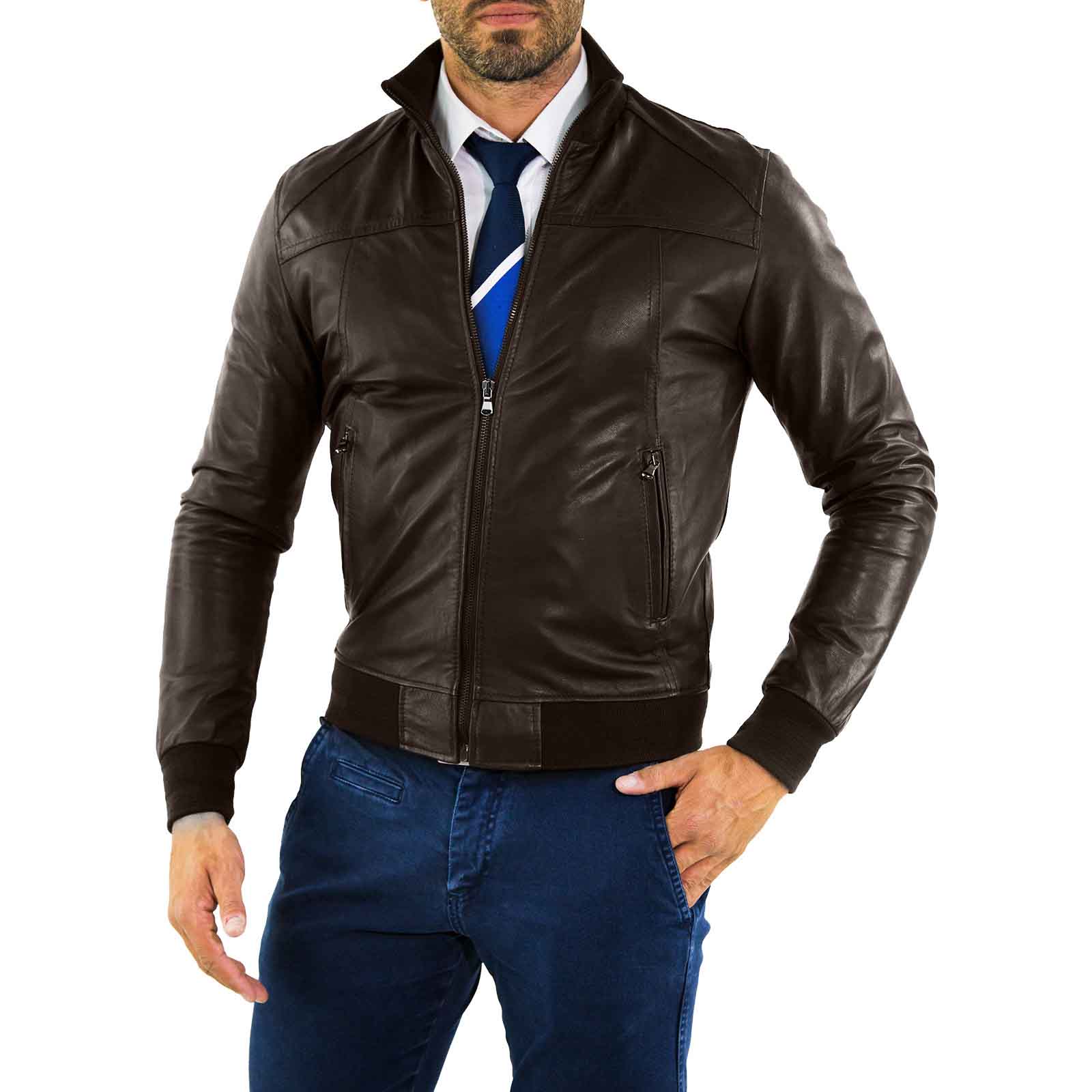 Men's Brown Genuine Leather Bomber Jacket With Rindway Jersey Cuffs Neck Waist