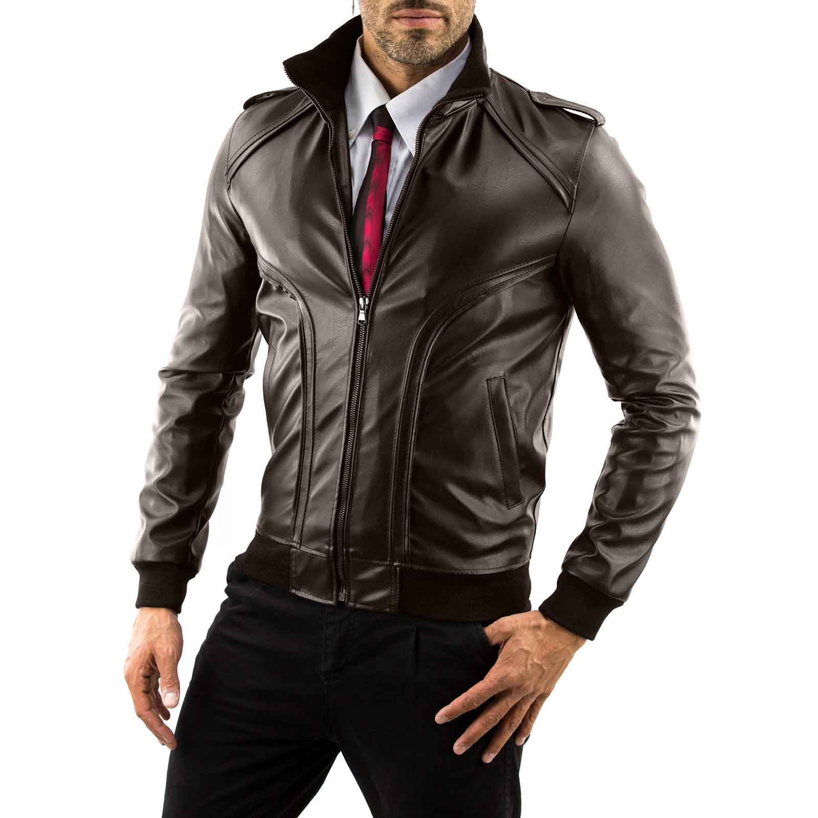 Men's Brown Genuine Leather Bomber Jacket With Rindway Front Details