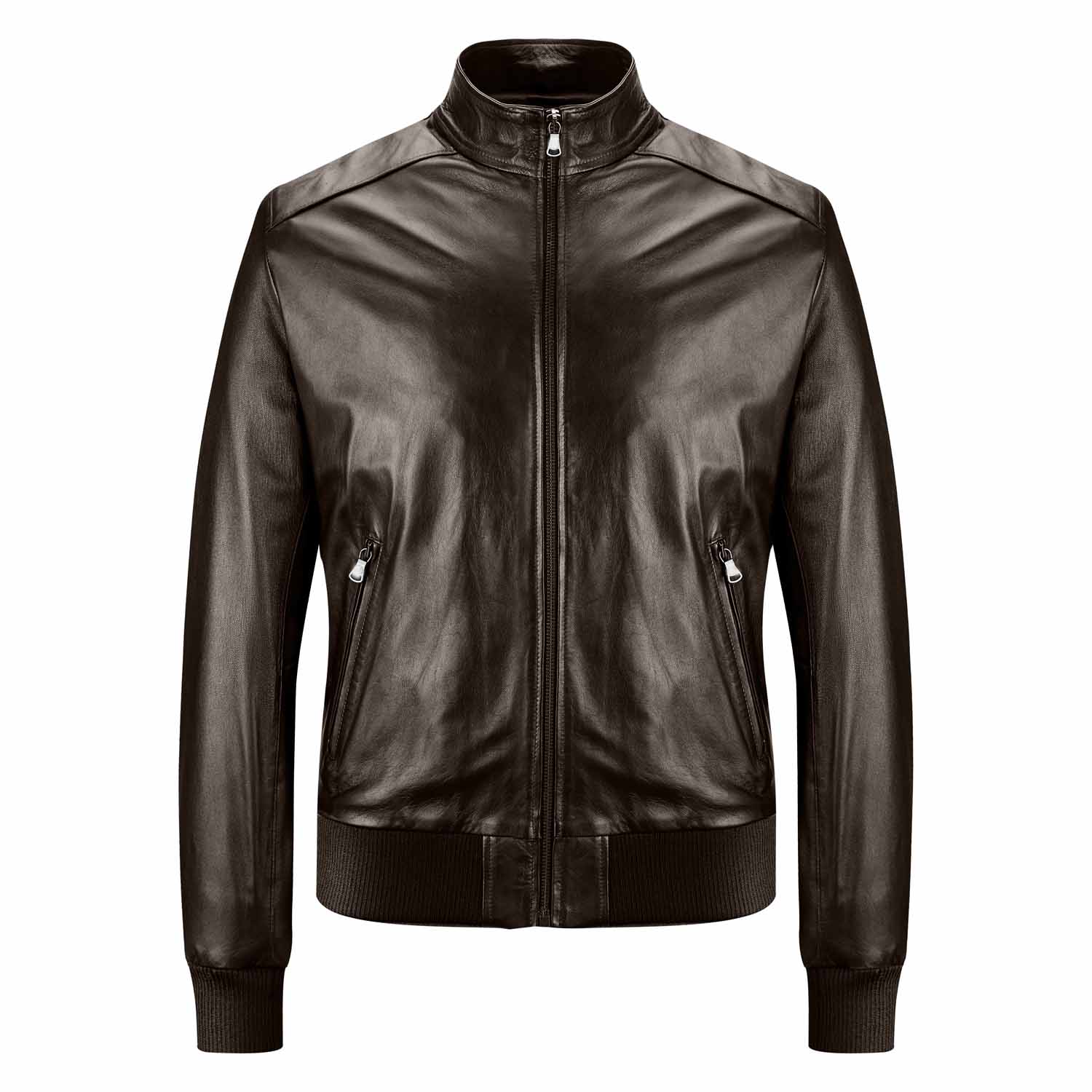 Bomber Jacket in Genuine Leather Brown Men Zip Up to the Neck Rindway