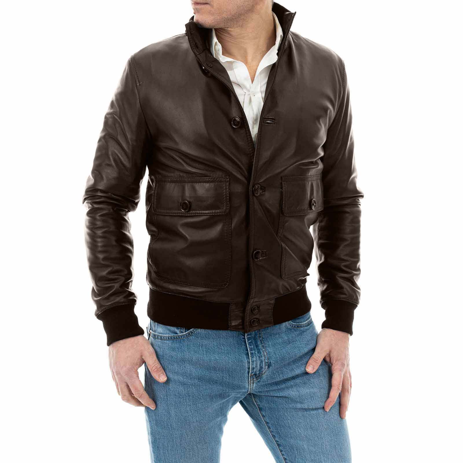 Rindway Men's Slim Brown Genuine Leather Buttoned Bomber Jacket with Big Pockets