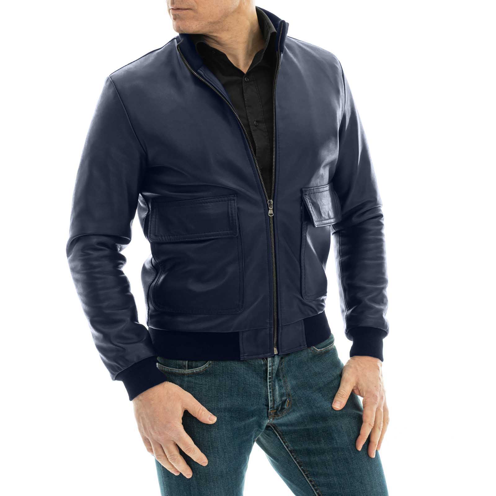 Slim Men's Bomber Jacket With Zip In Genuine Leather Blue With Big Pockets Rindway