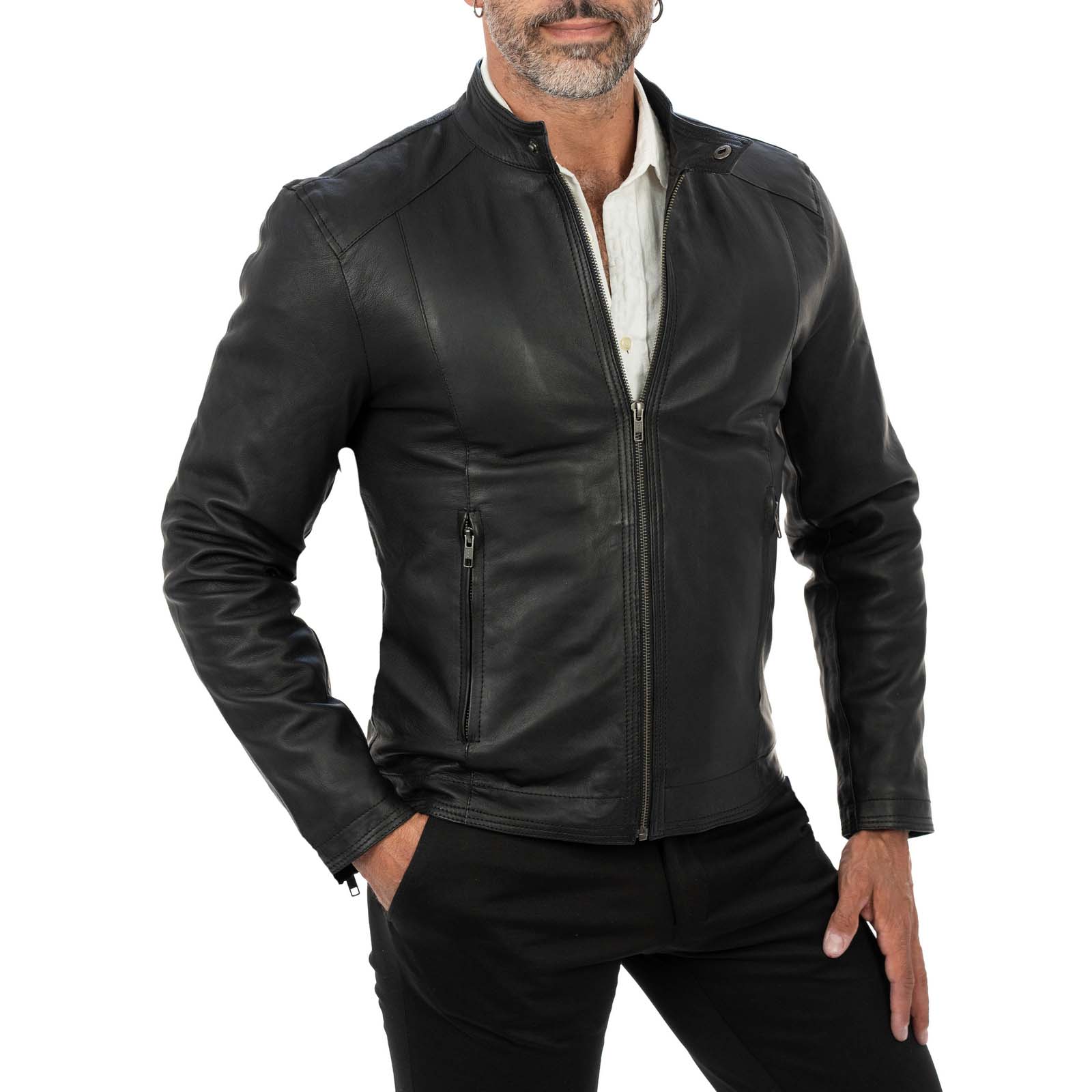 Slim men's genuine leather biker jacket with Rindway front stitching