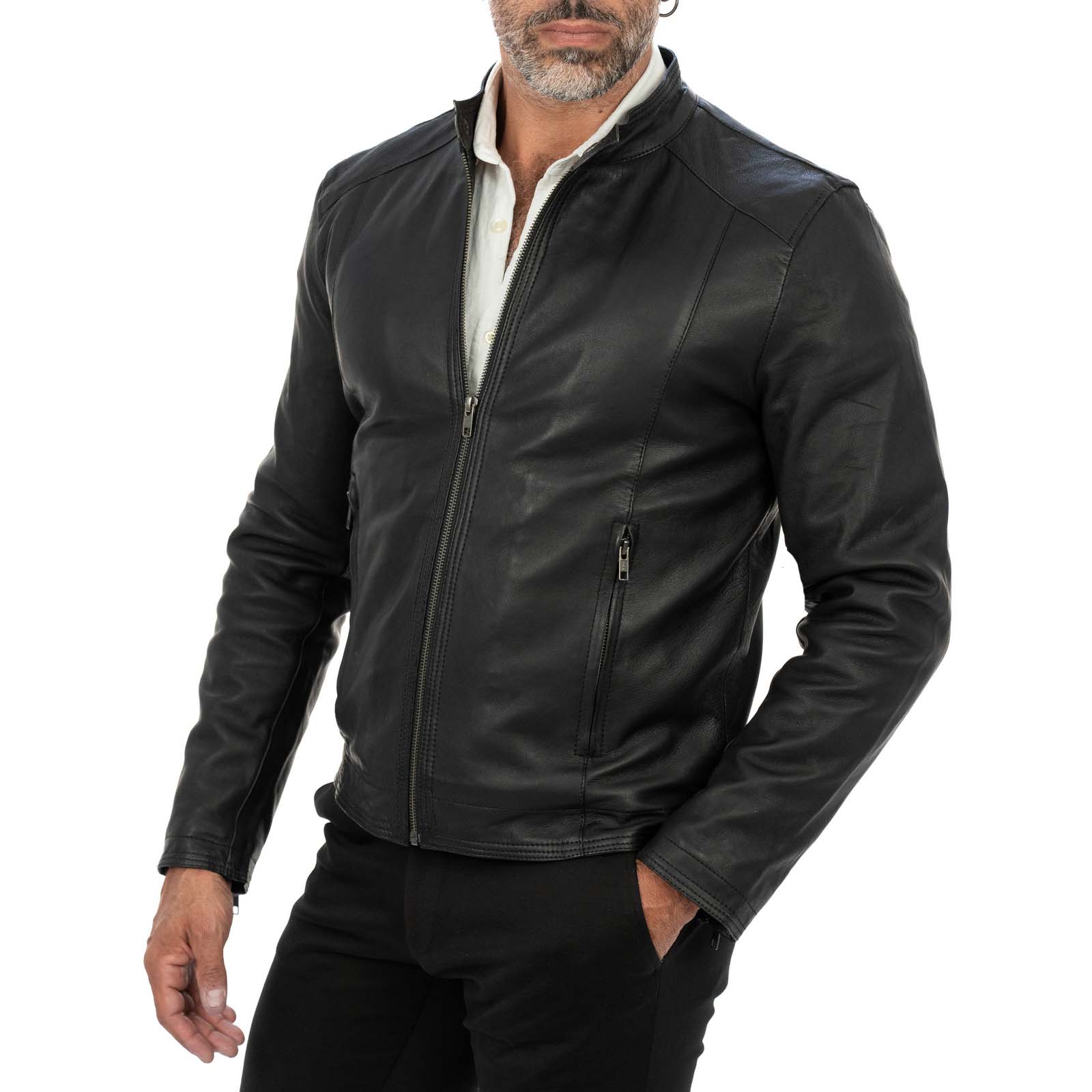 Giacca Biker In Vera Pelle Nera Uomo Slim Con Impunture Frontali Rindway