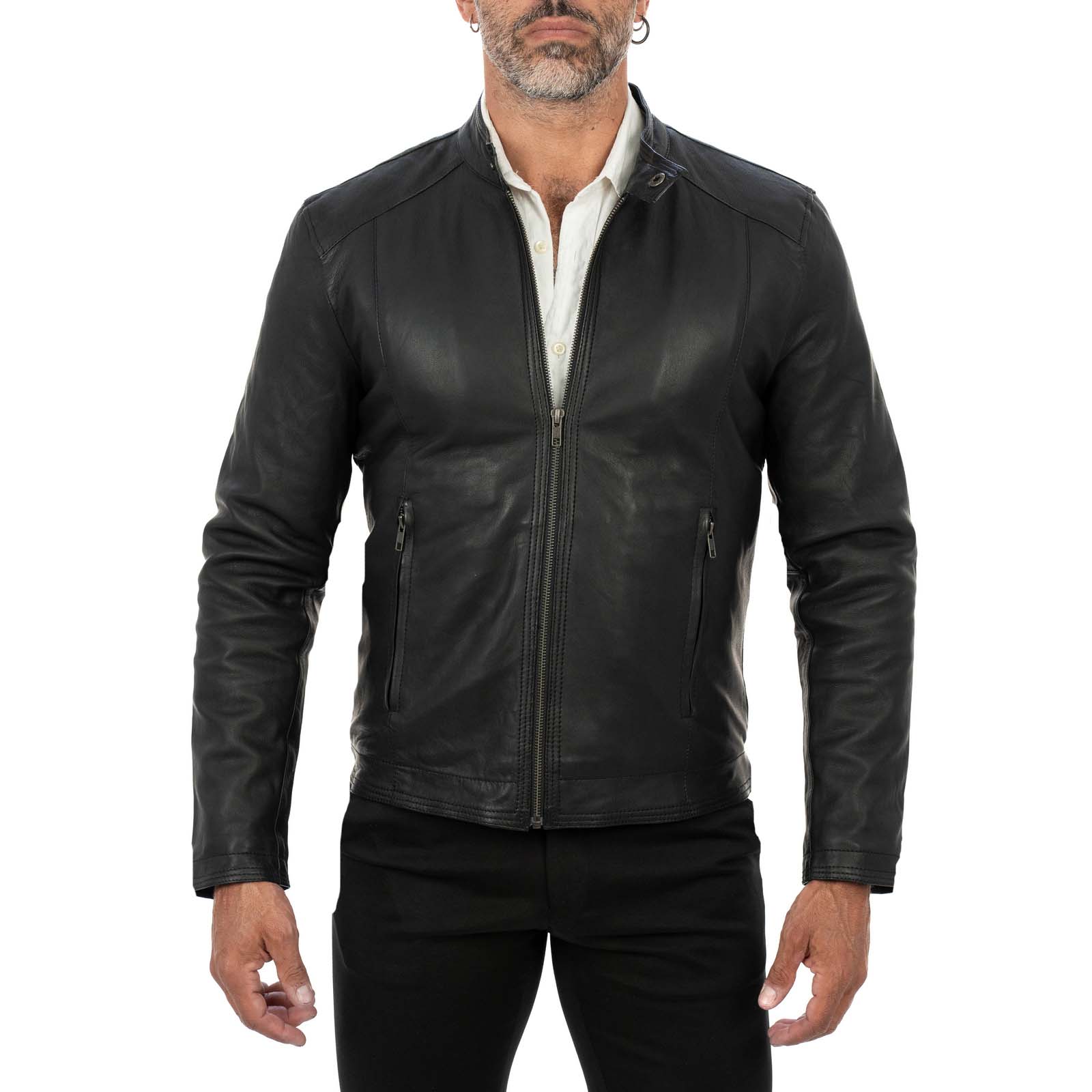 Giacca Biker In Vera Pelle Nera Uomo Slim Con Impunture Frontali Rindway