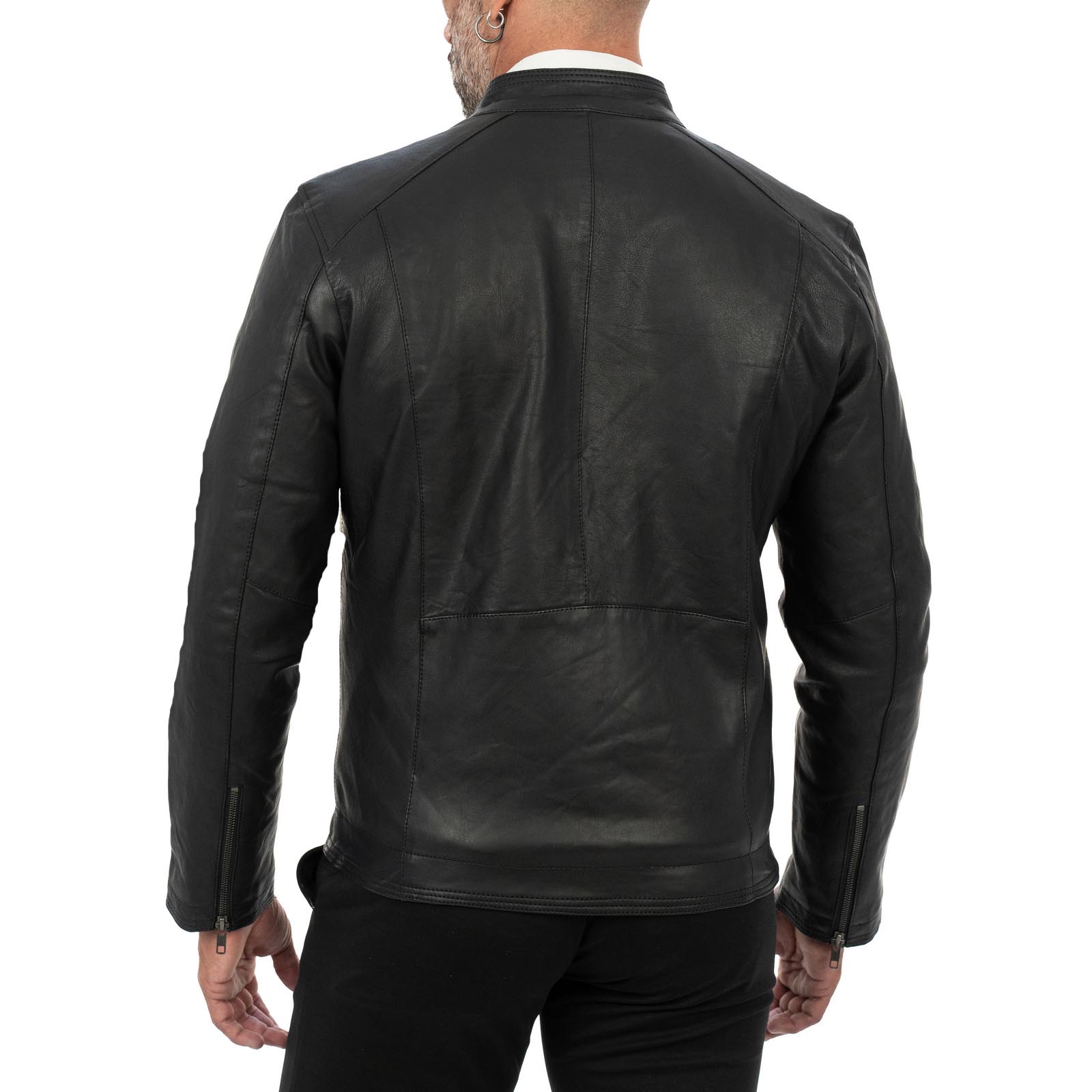 Giacca Biker In Vera Pelle Nera Uomo Slim Con Impunture Frontali Rindway