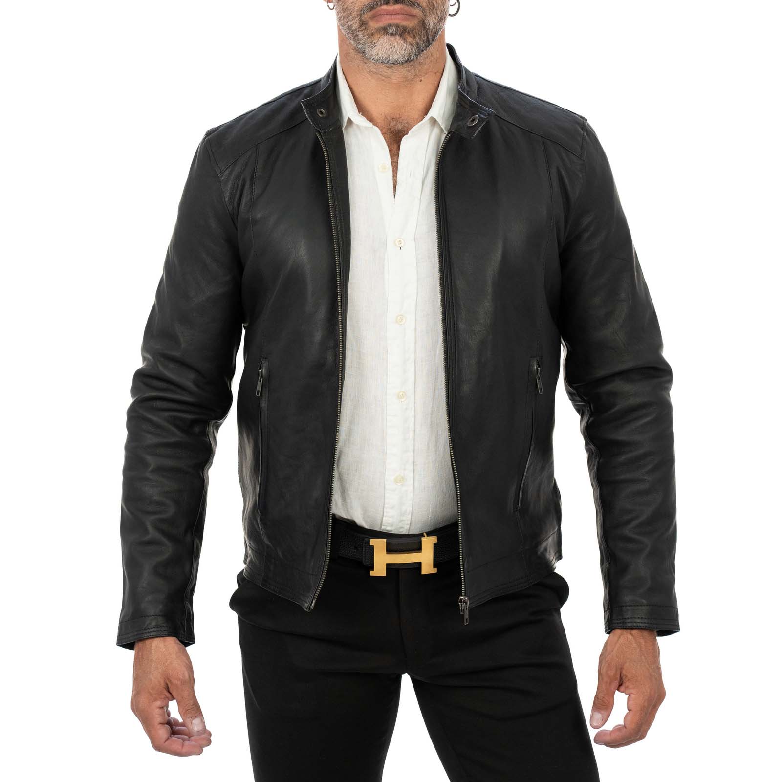 Slim men's genuine leather biker jacket with Rindway front stitching