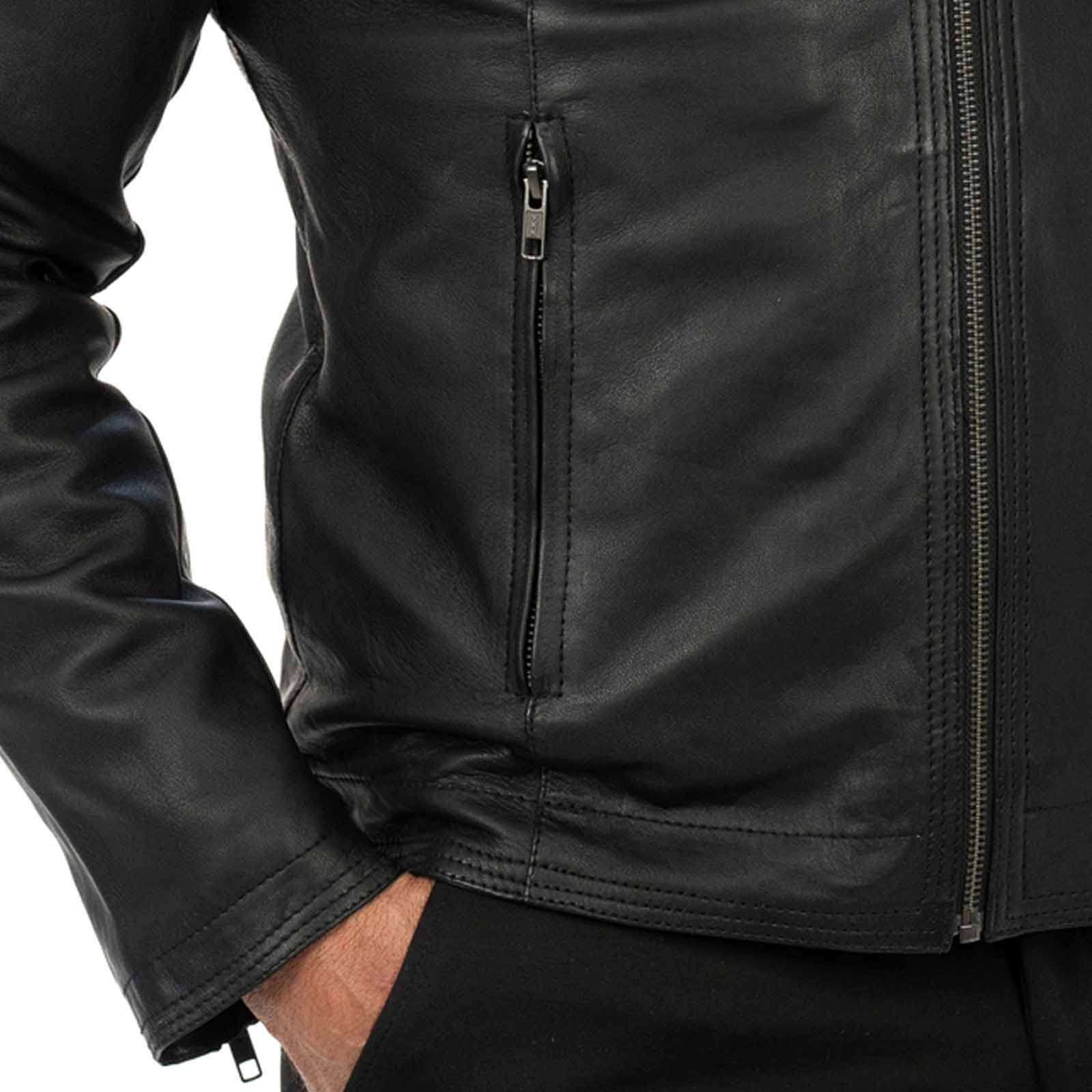 Giacca Biker In Vera Pelle Nera Uomo Slim Con Impunture Frontali Rindway