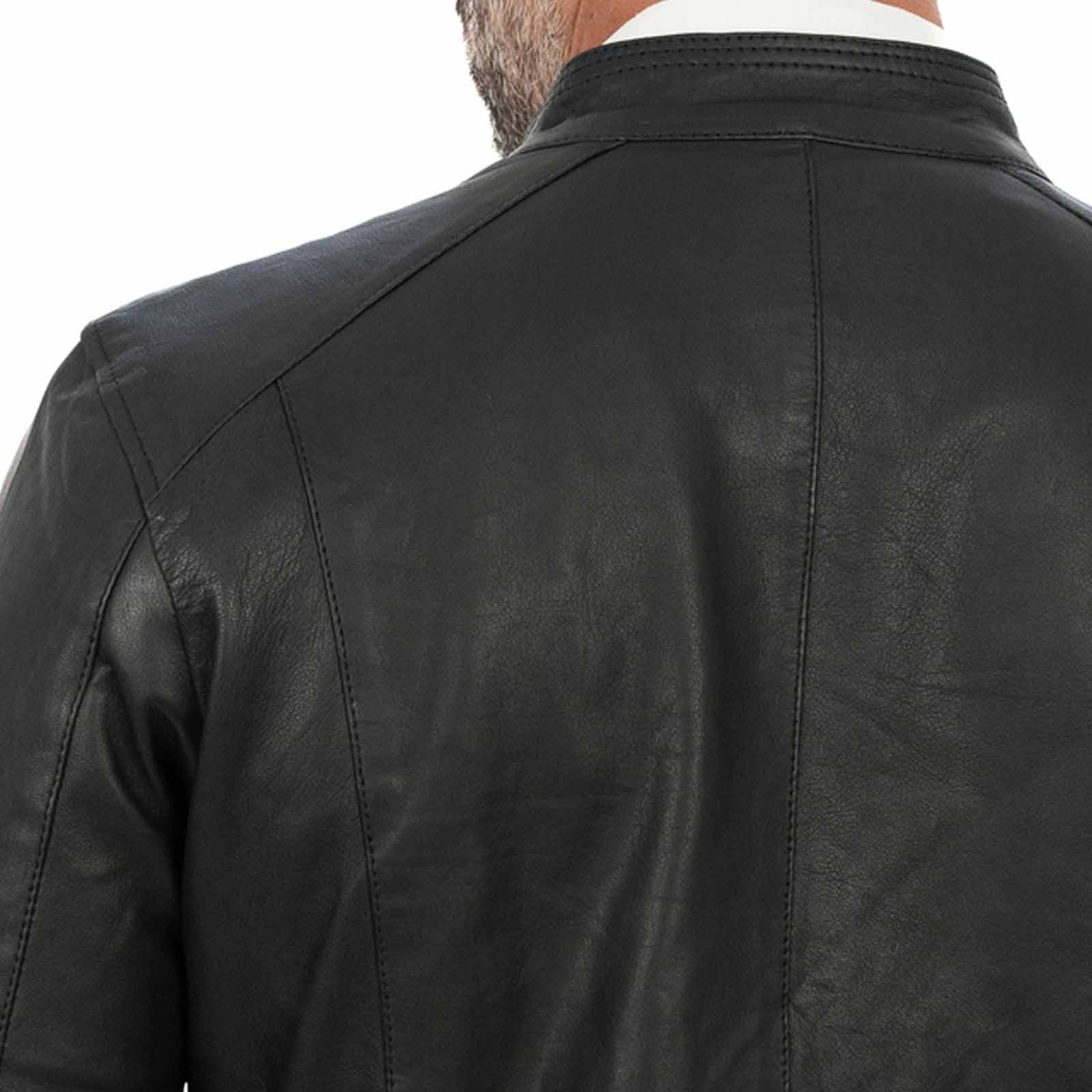 Slim men's genuine leather biker jacket with Rindway front stitching