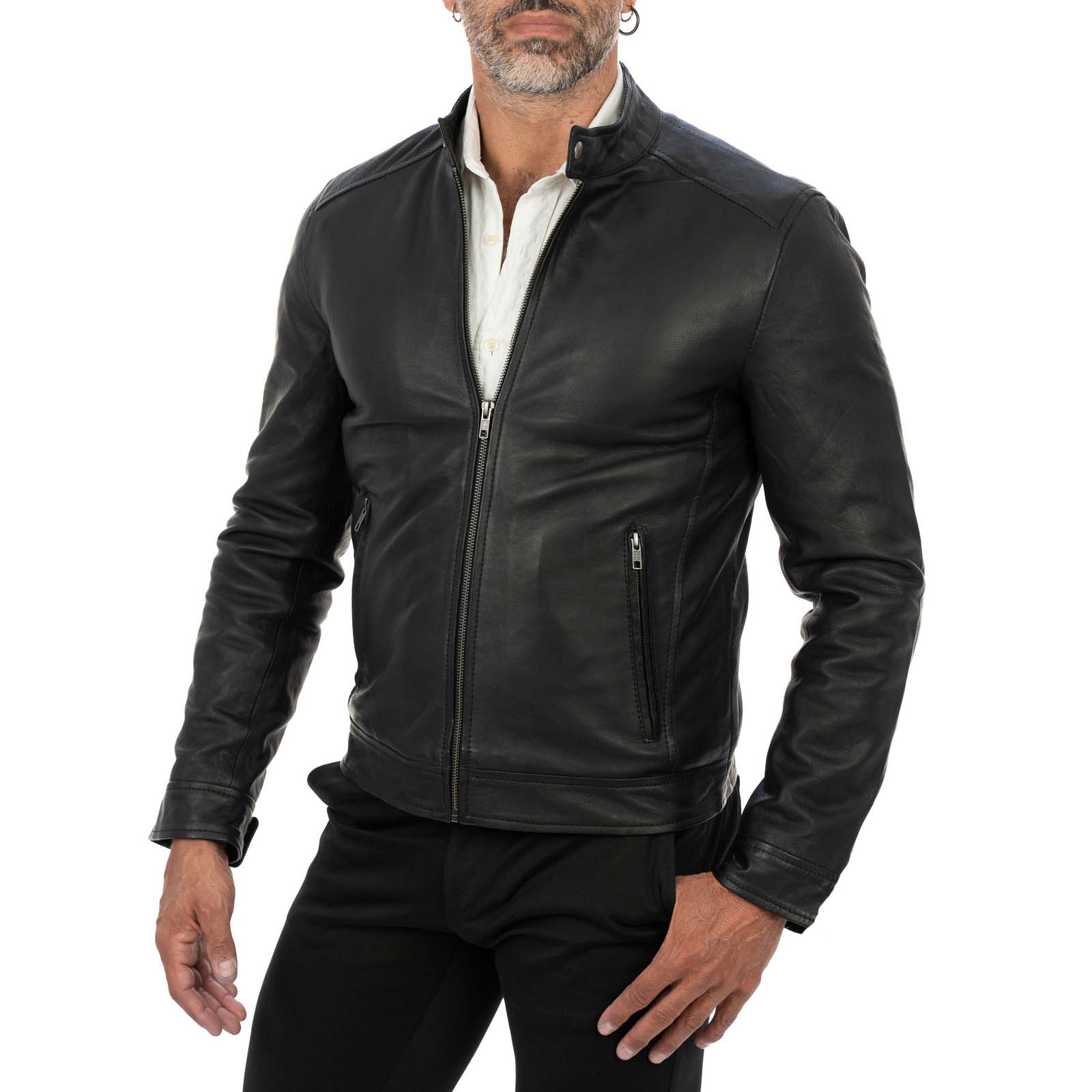 Giacca Biker In Vera Pelle Nera Uomo Slim Collo Coreana Rindway