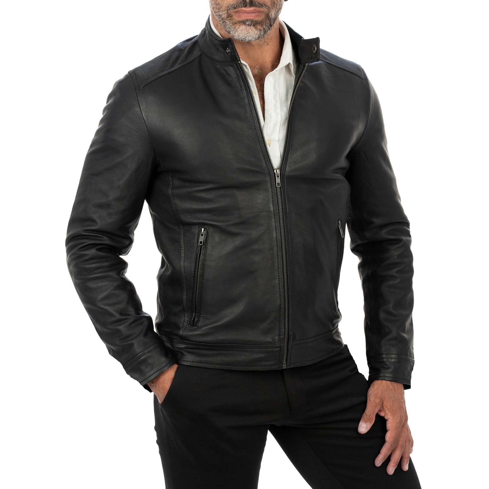 Giacca Biker In Vera Pelle Nera Uomo Slim Collo Coreana Rindway