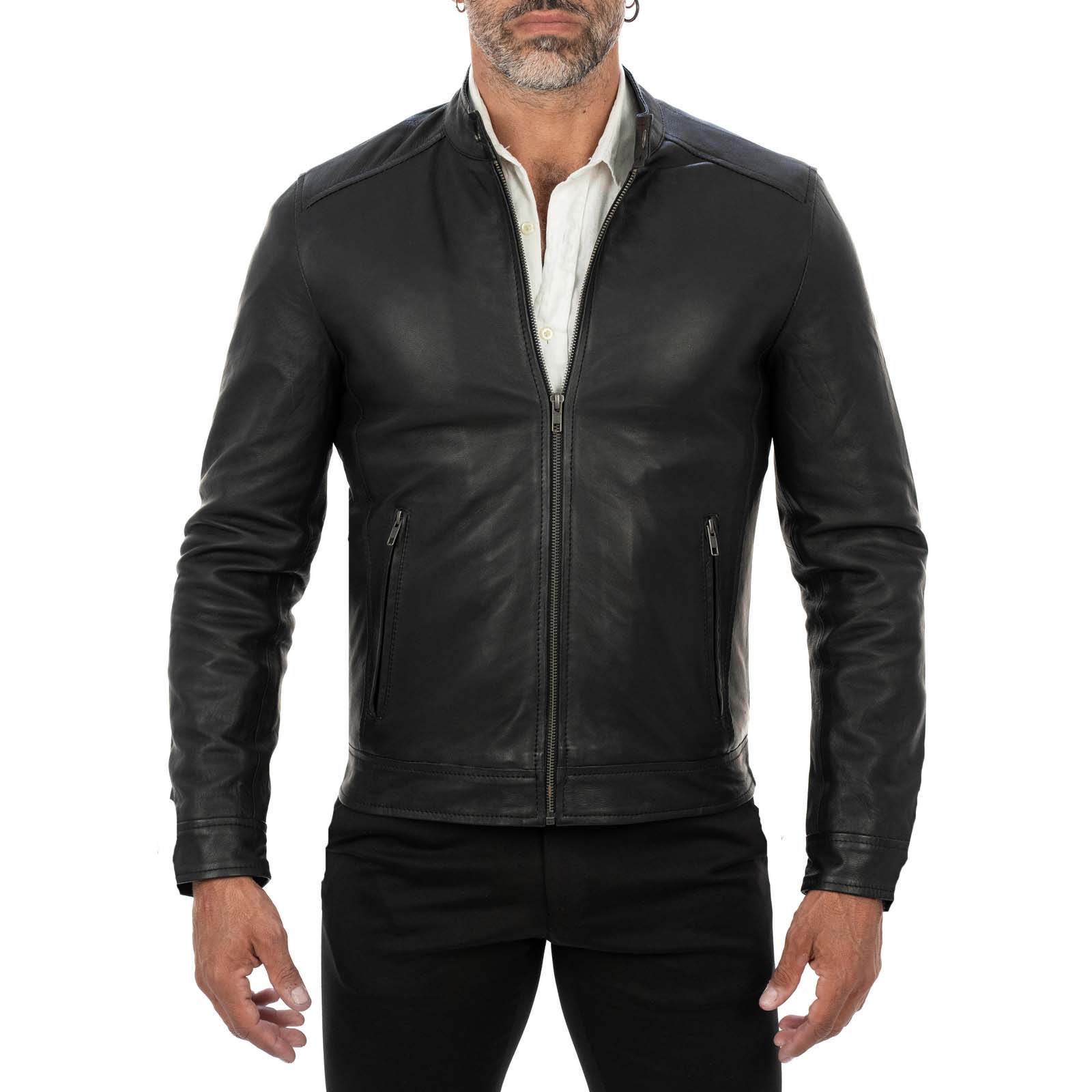 Giacca Biker In Vera Pelle Nera Uomo Slim Collo Coreana Rindway