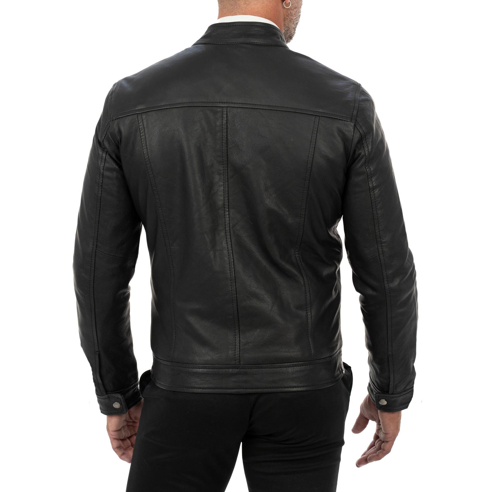 Giacca Biker In Vera Pelle Nera Uomo Slim Collo Coreana Rindway