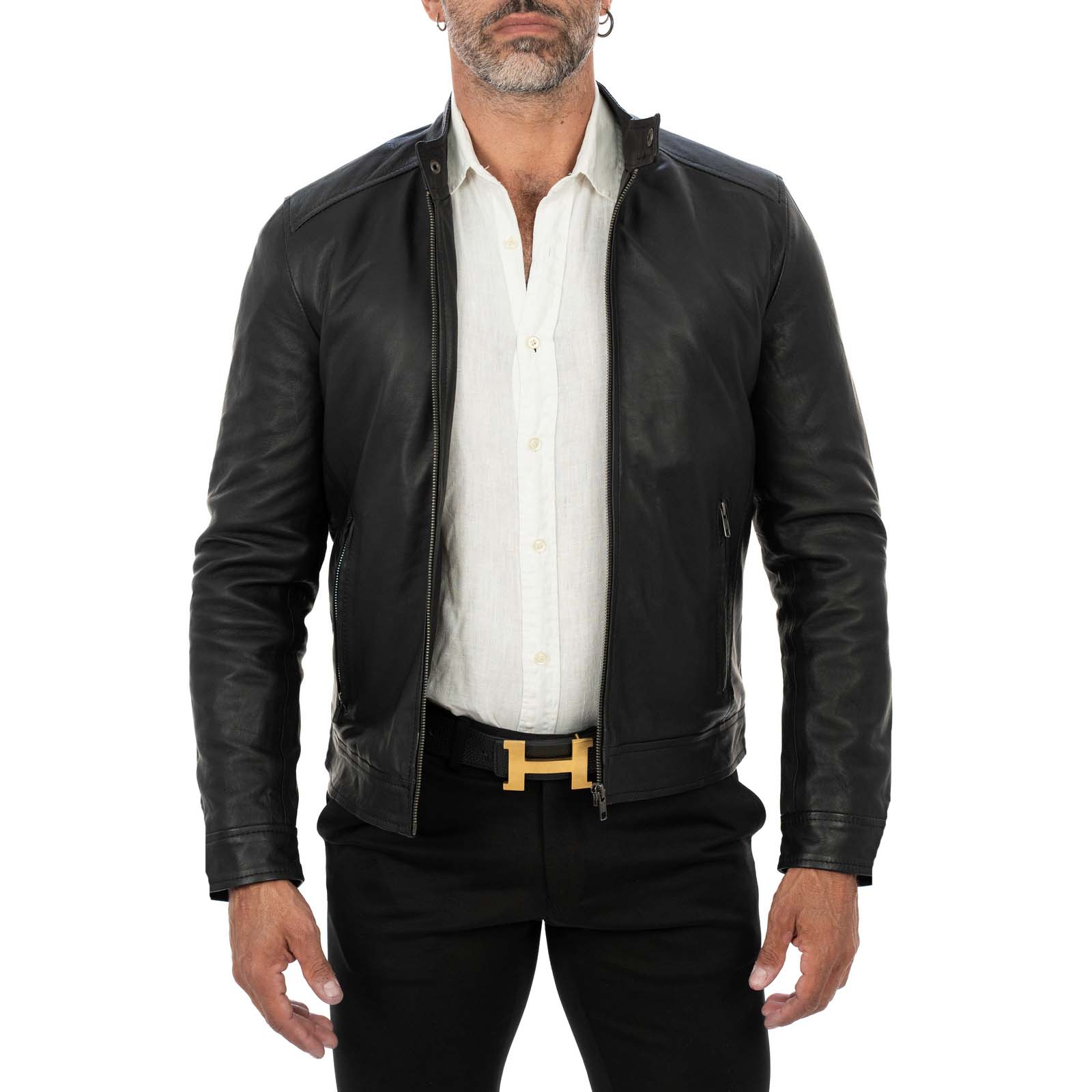 Giacca Biker In Vera Pelle Nera Uomo Slim Collo Coreana Rindway