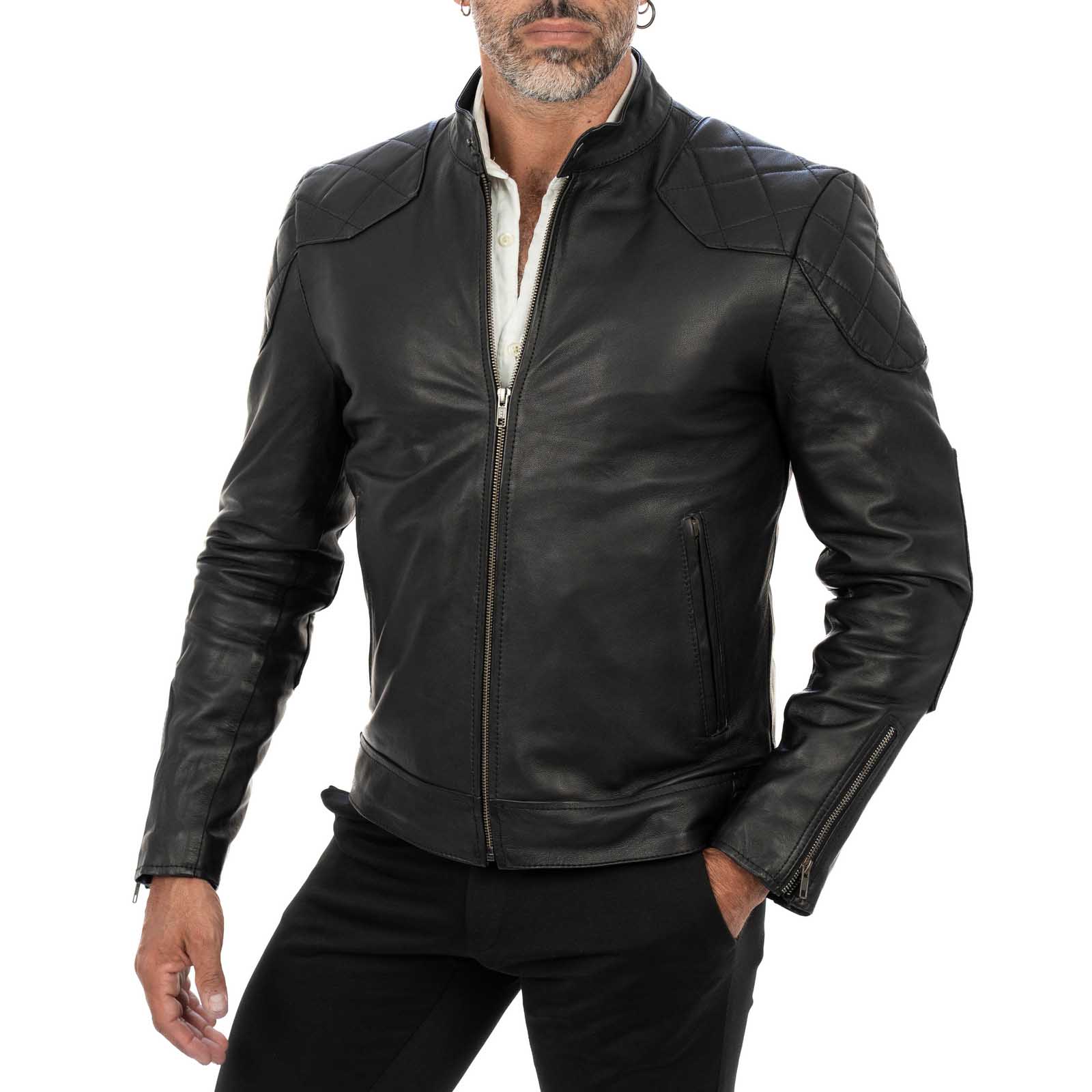 Rindway Men's Genuine Leather Biker Jacket Slim Rhombus Reinforcements on Shoulders and Elbows