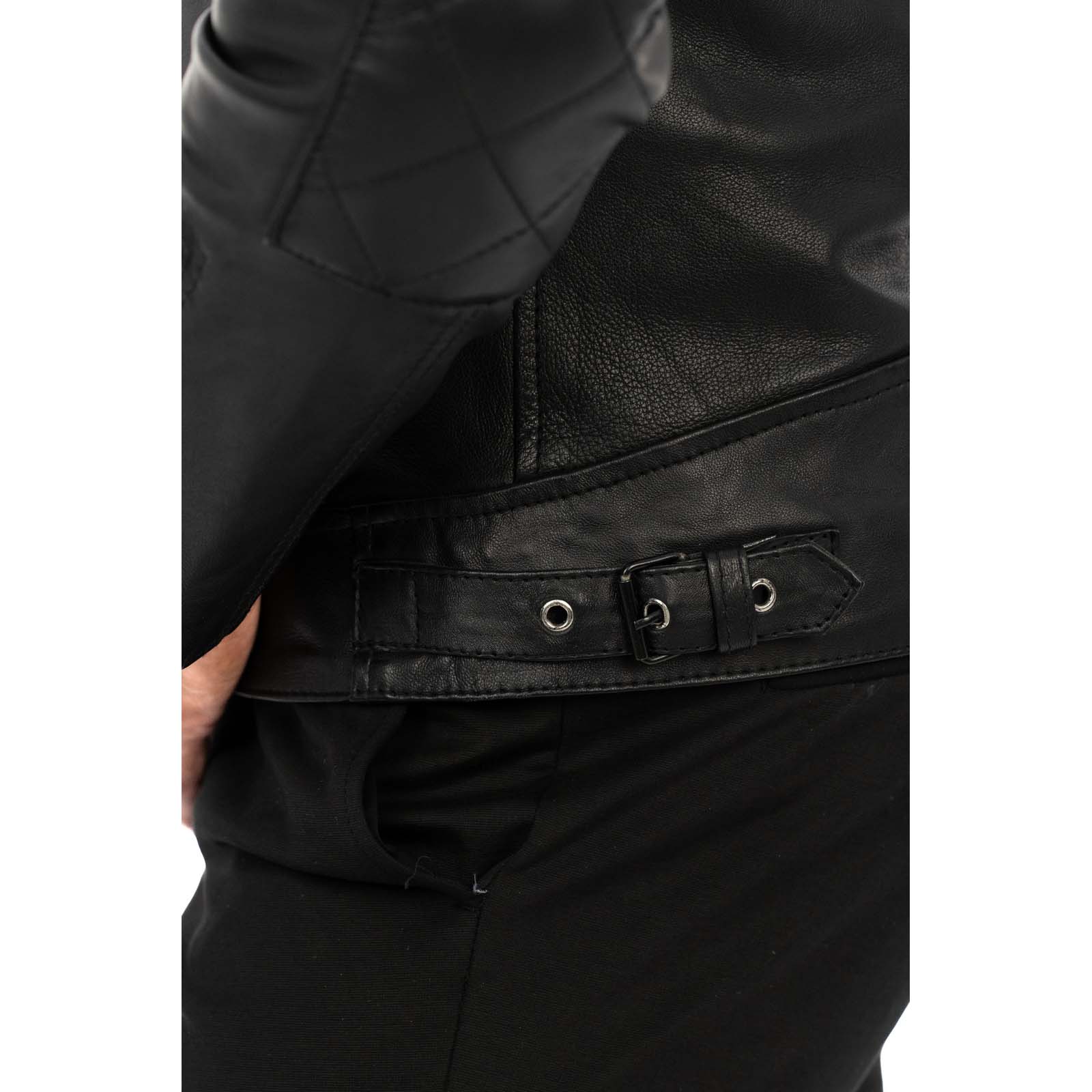 Giacca Biker In Vera Pelle Nera Uomo Slim Rinforzi A Rombi Su Spalle E Gomiti Rindway