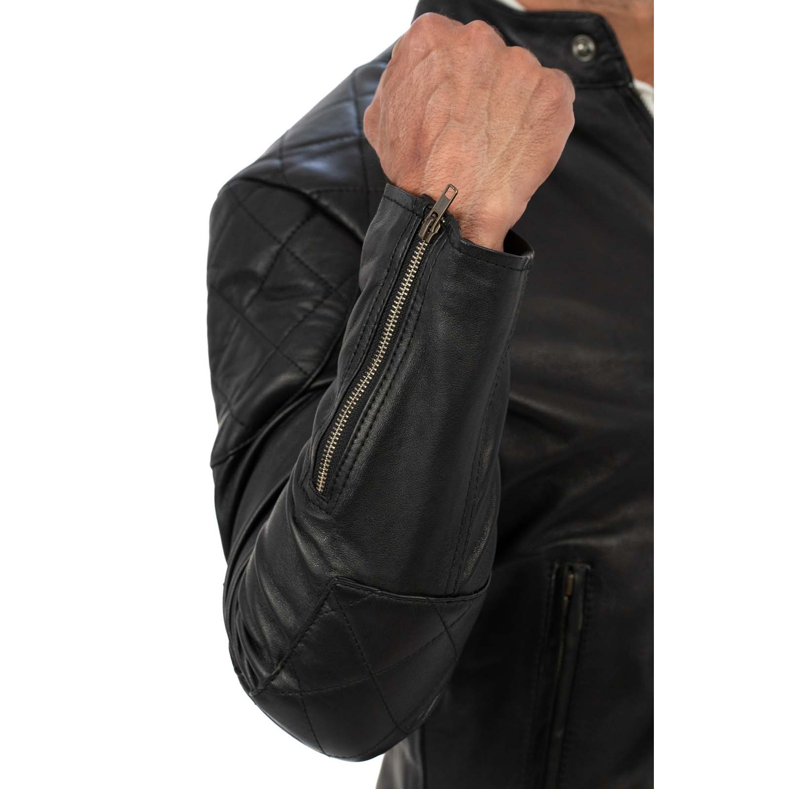 Giacca Biker In Vera Pelle Nera Uomo Slim Rinforzi A Rombi Su Spalle E Gomiti Rindway