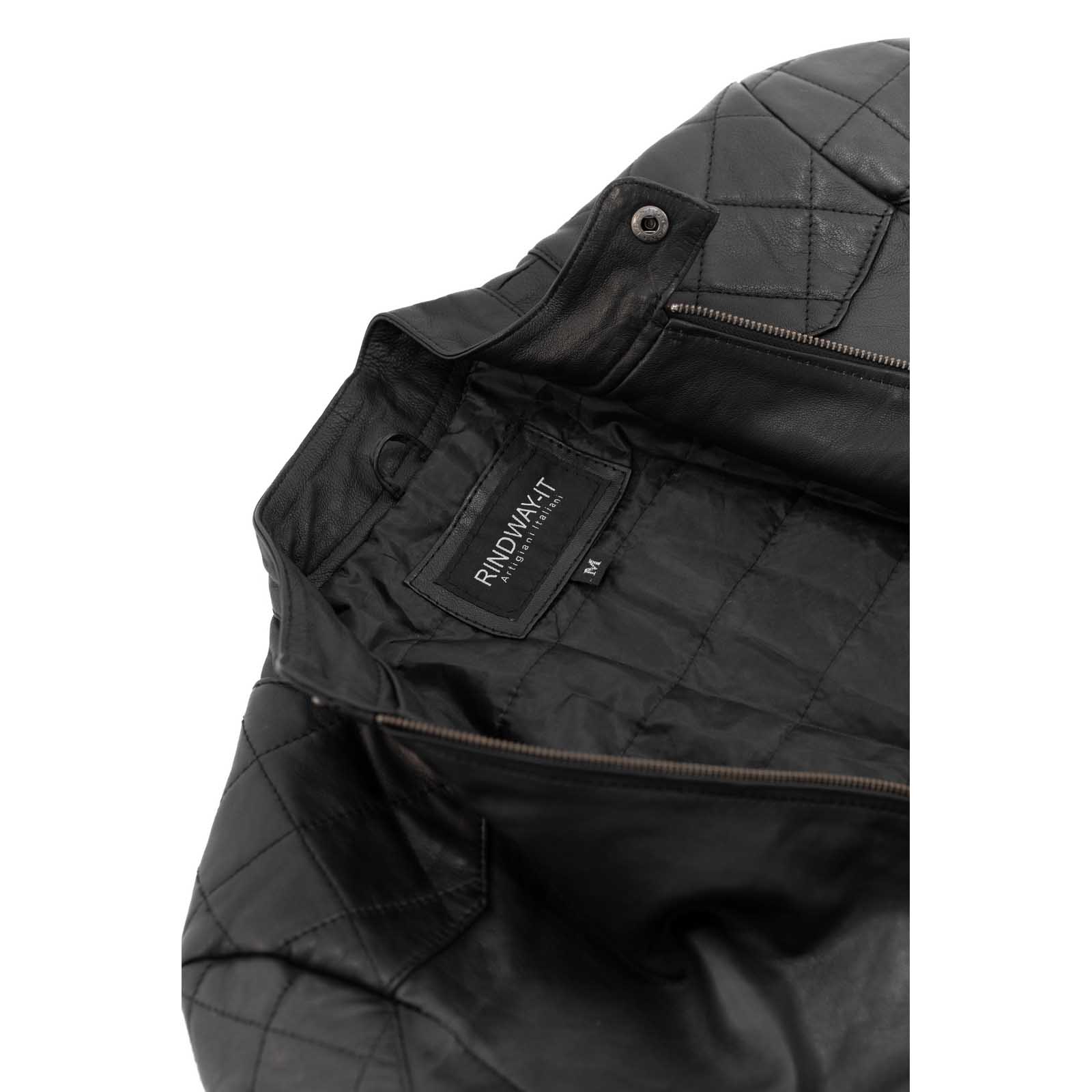 Giacca Biker In Vera Pelle Nera Uomo Slim Rinforzi A Rombi Su Spalle E Gomiti Rindway