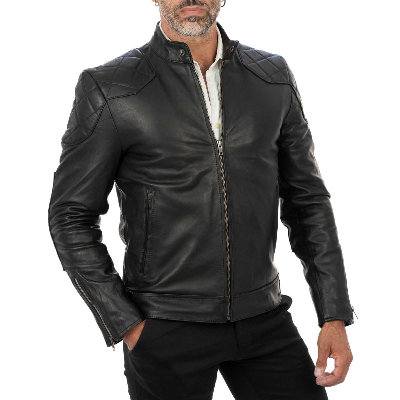 Rindway Men's Genuine Leather Biker Jacket Slim Rhombus Reinforcements on Shoulders and Elbows