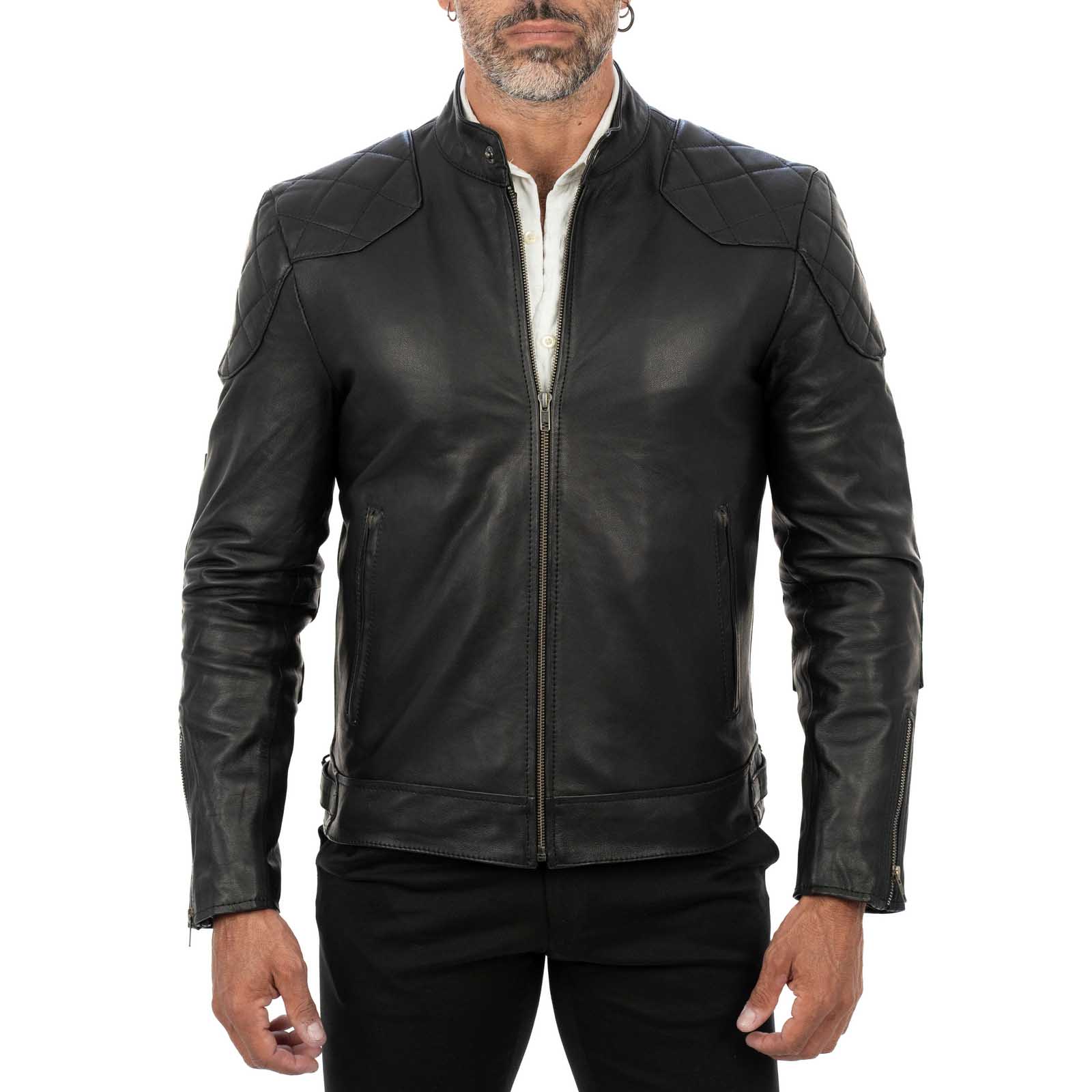 Rindway Men's Genuine Leather Biker Jacket Slim Rhombus Reinforcements on Shoulders and Elbows