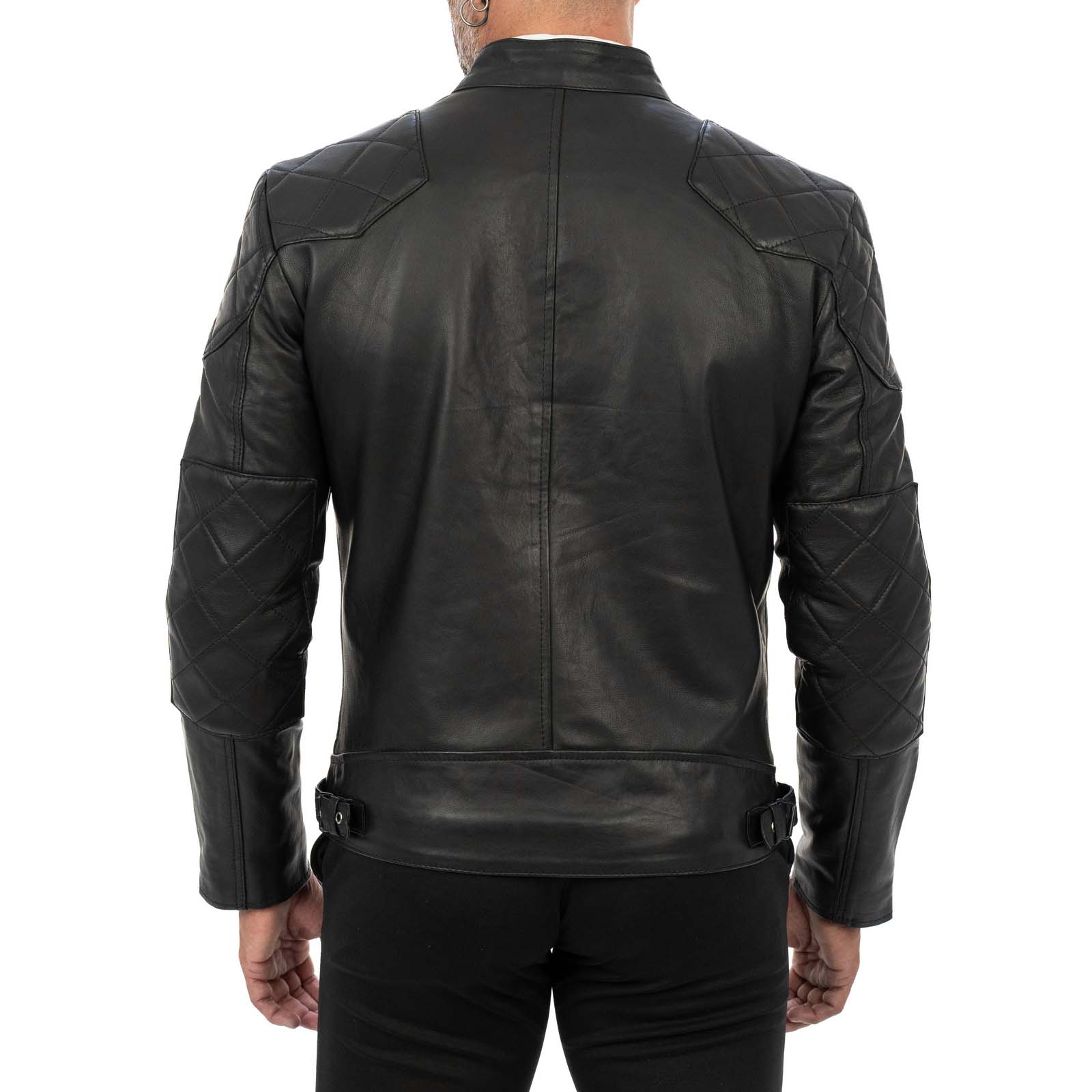 Giacca Biker In Vera Pelle Nera Uomo Slim Rinforzi A Rombi Su Spalle E Gomiti Rindway