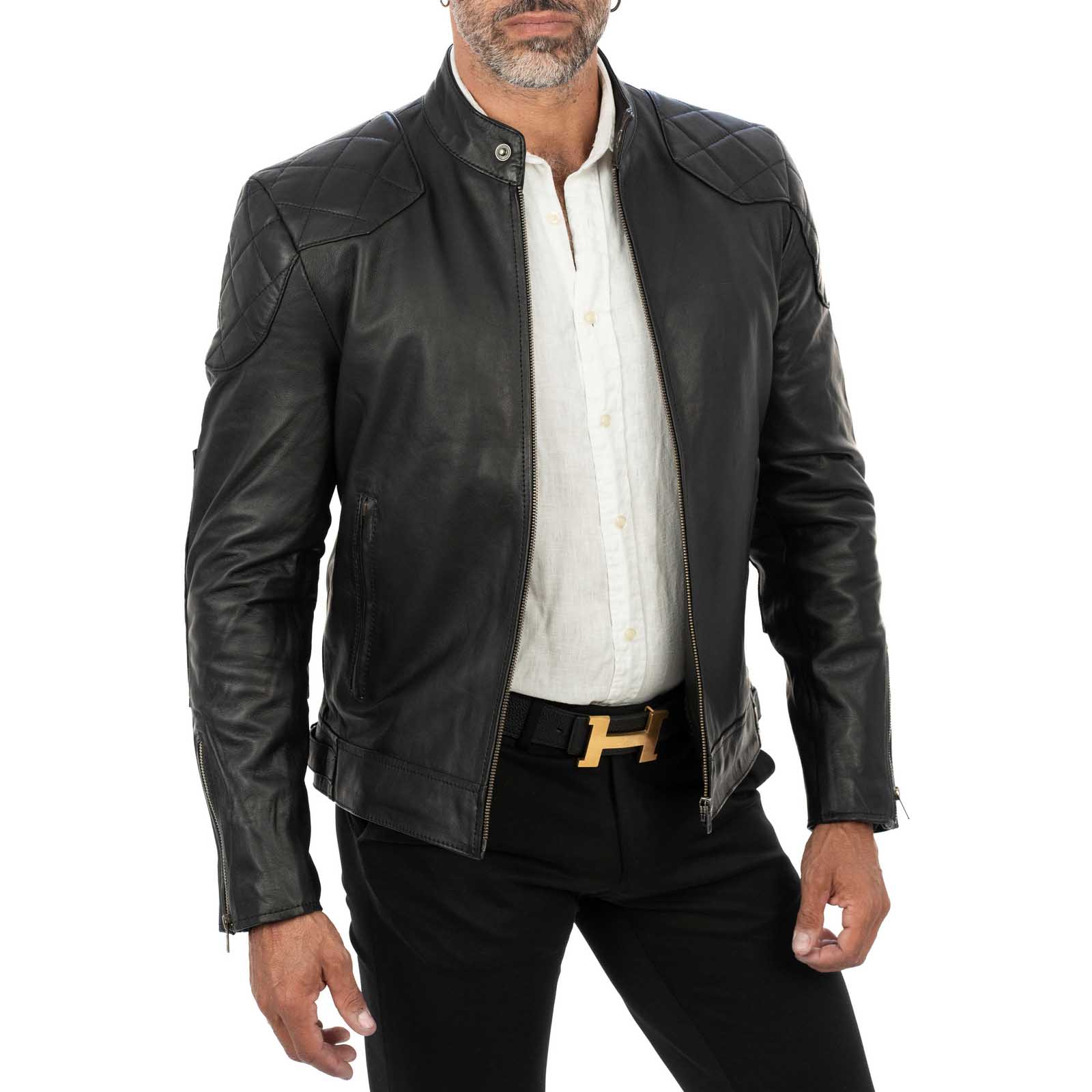 Rindway Men's Genuine Leather Biker Jacket Slim Rhombus Reinforcements on Shoulders and Elbows