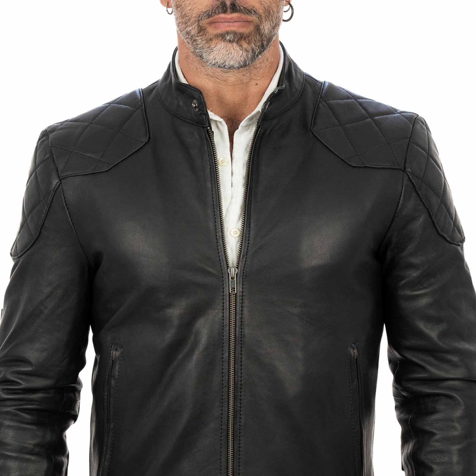 Rindway Men's Genuine Leather Biker Jacket Slim Rhombus Reinforcements on Shoulders and Elbows