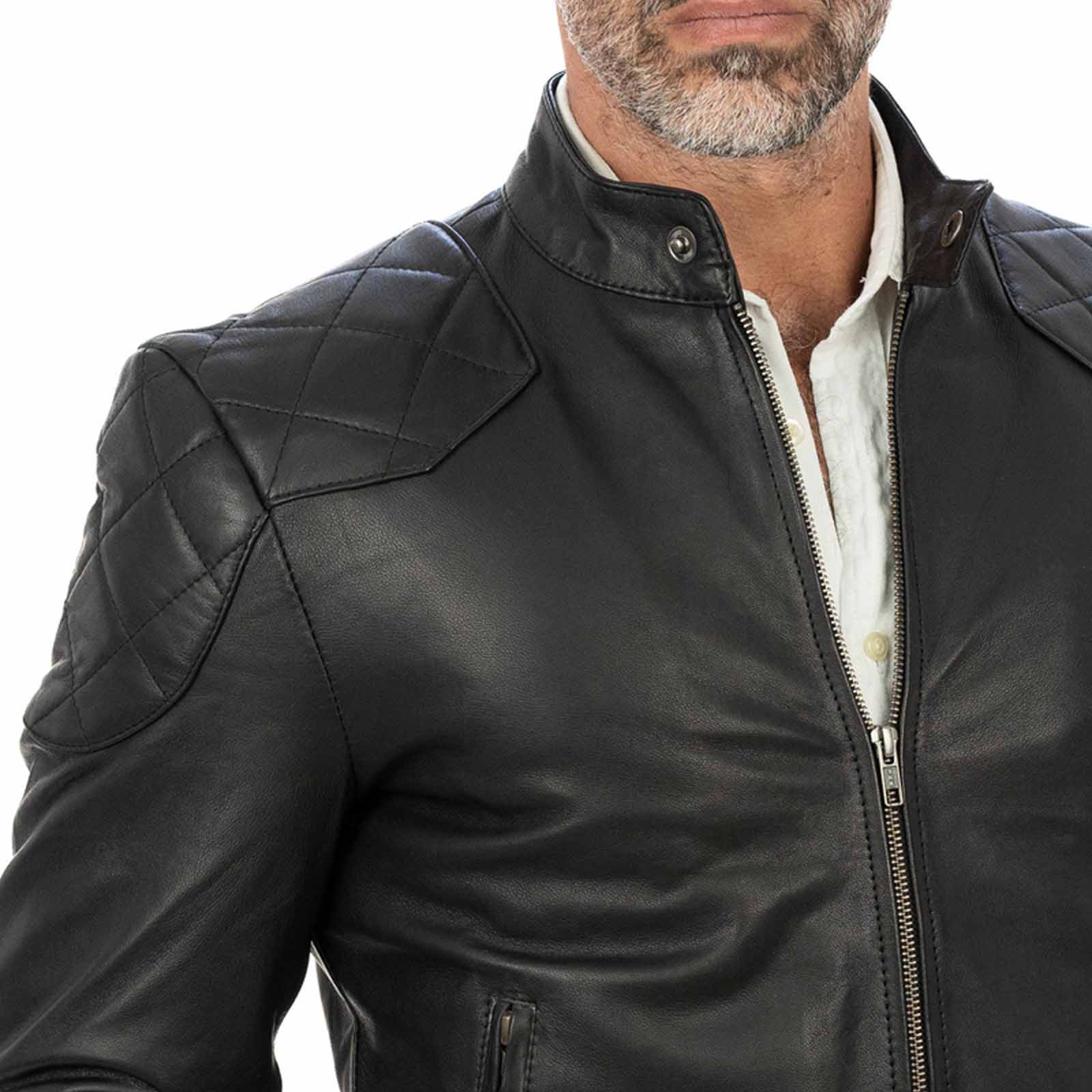 Rindway Men's Genuine Leather Biker Jacket Slim Rhombus Reinforcements on Shoulders and Elbows