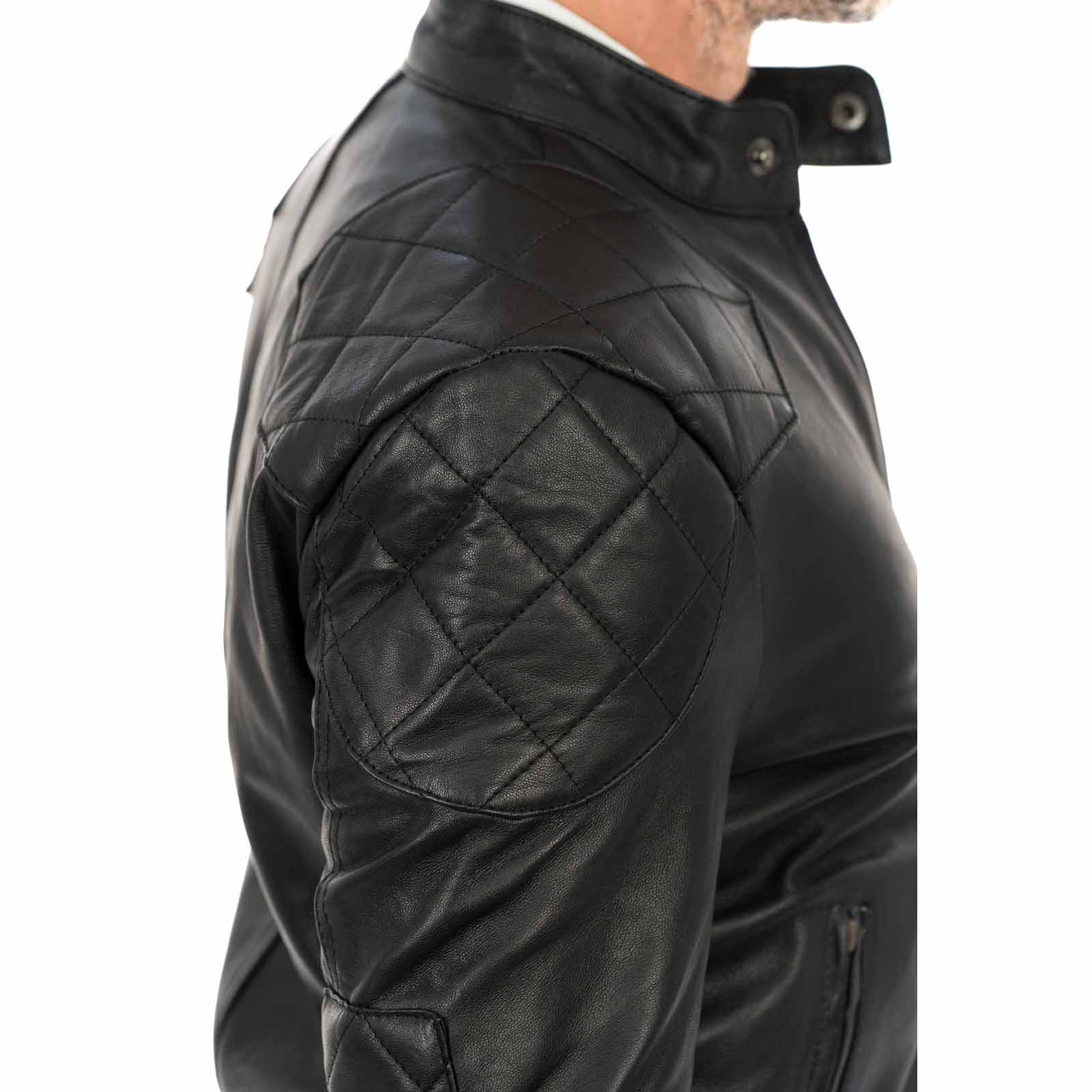 Giacca Biker In Vera Pelle Nera Uomo Slim Rinforzi A Rombi Su Spalle E Gomiti Rindway