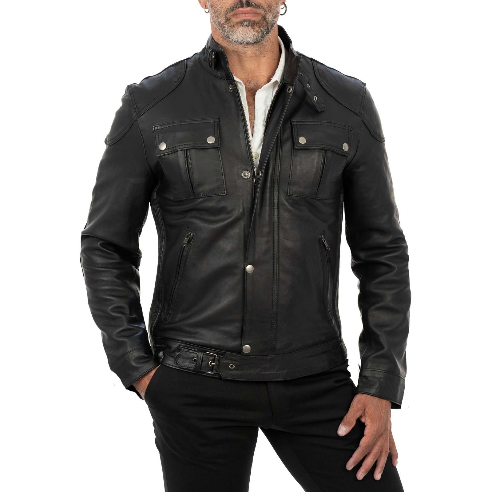 Giacca Biker In Vera Pelle Nera Uomo Slim Chiusura Principale Cerniera E Patta Rindway