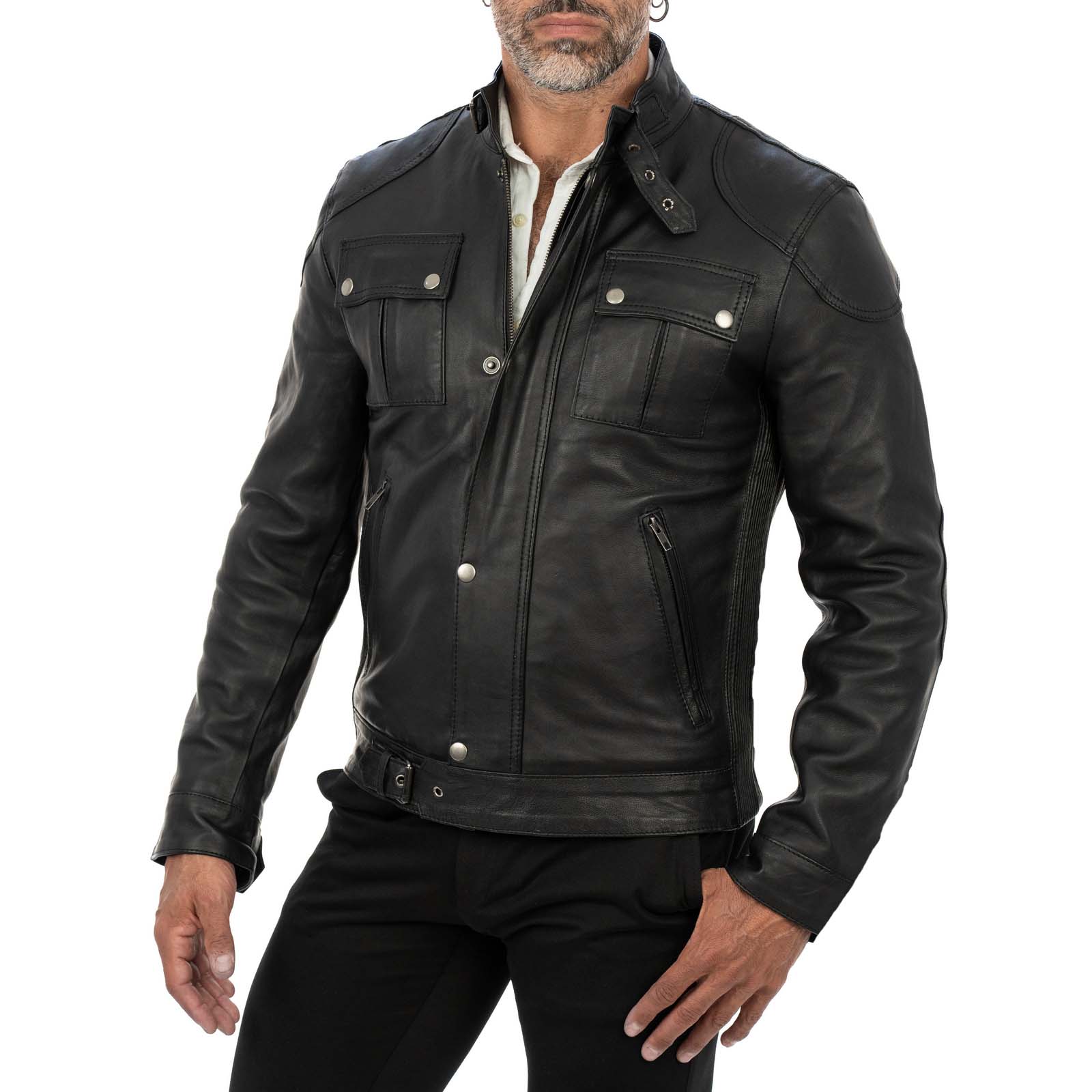 Giacca Biker In Vera Pelle Nera Uomo Slim Chiusura Principale Cerniera E Patta Rindway