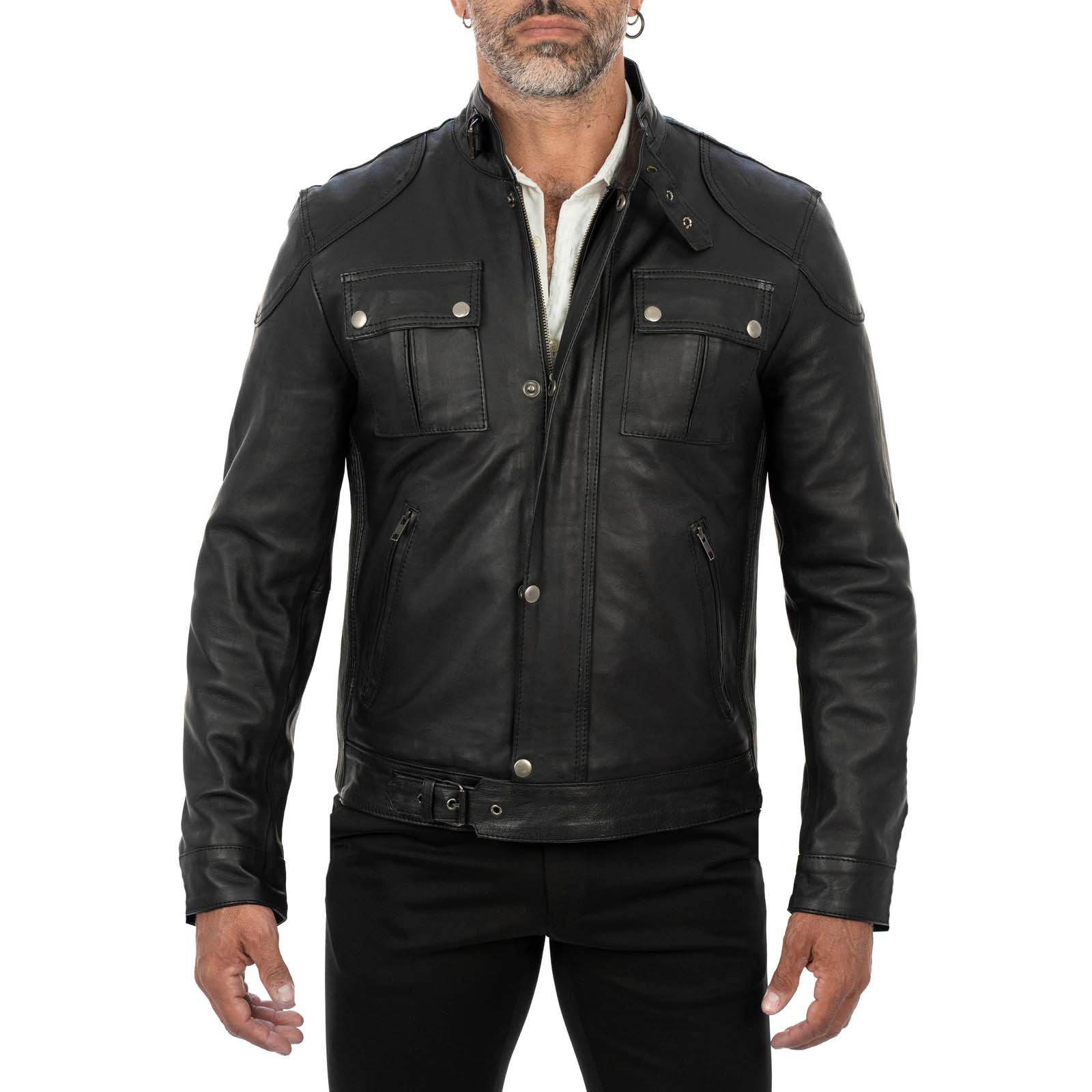 Giacca Biker In Vera Pelle Nera Uomo Slim Chiusura Principale Cerniera E Patta Rindway