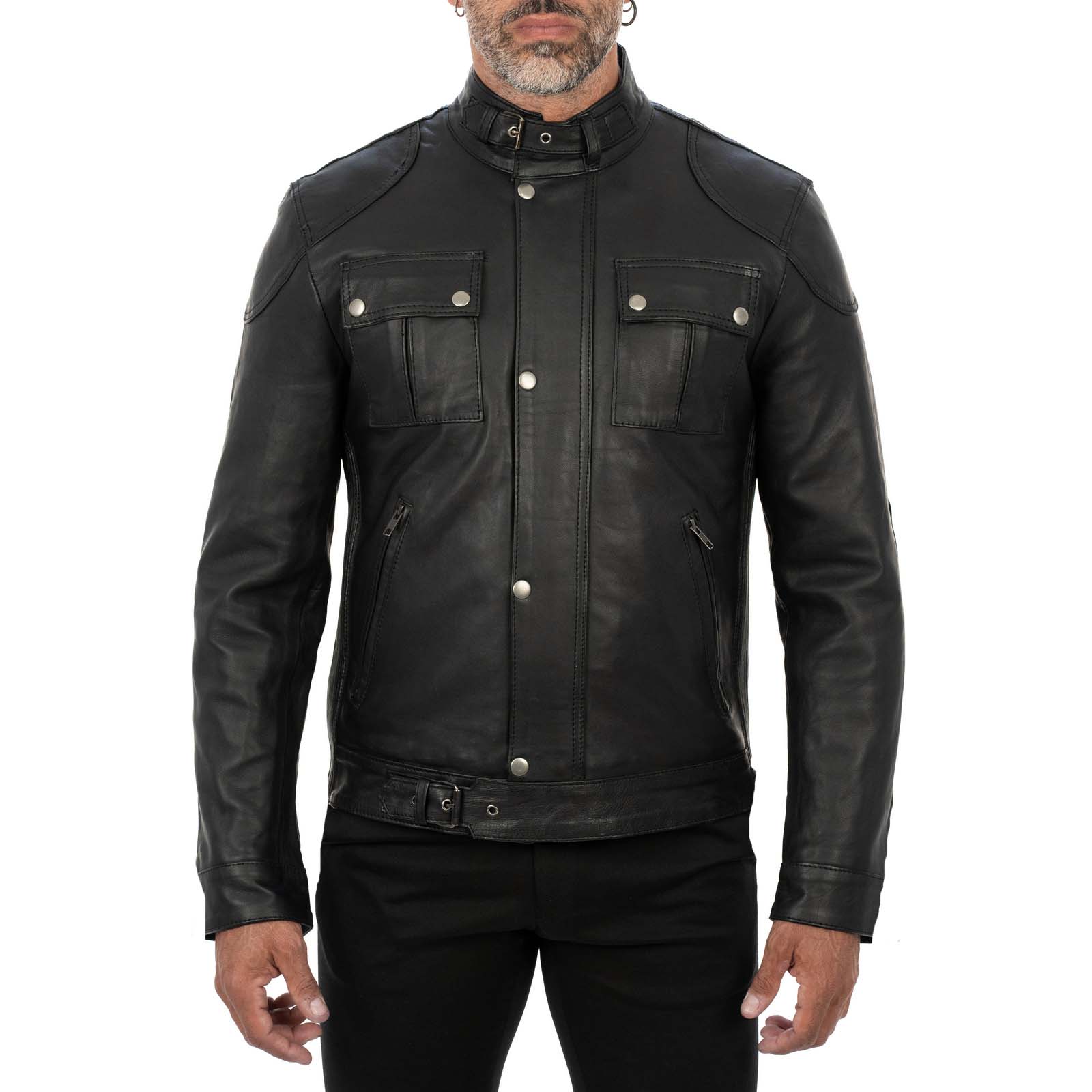 Giacca Biker In Vera Pelle Nera Uomo Slim Chiusura Principale Cerniera E Patta Rindway