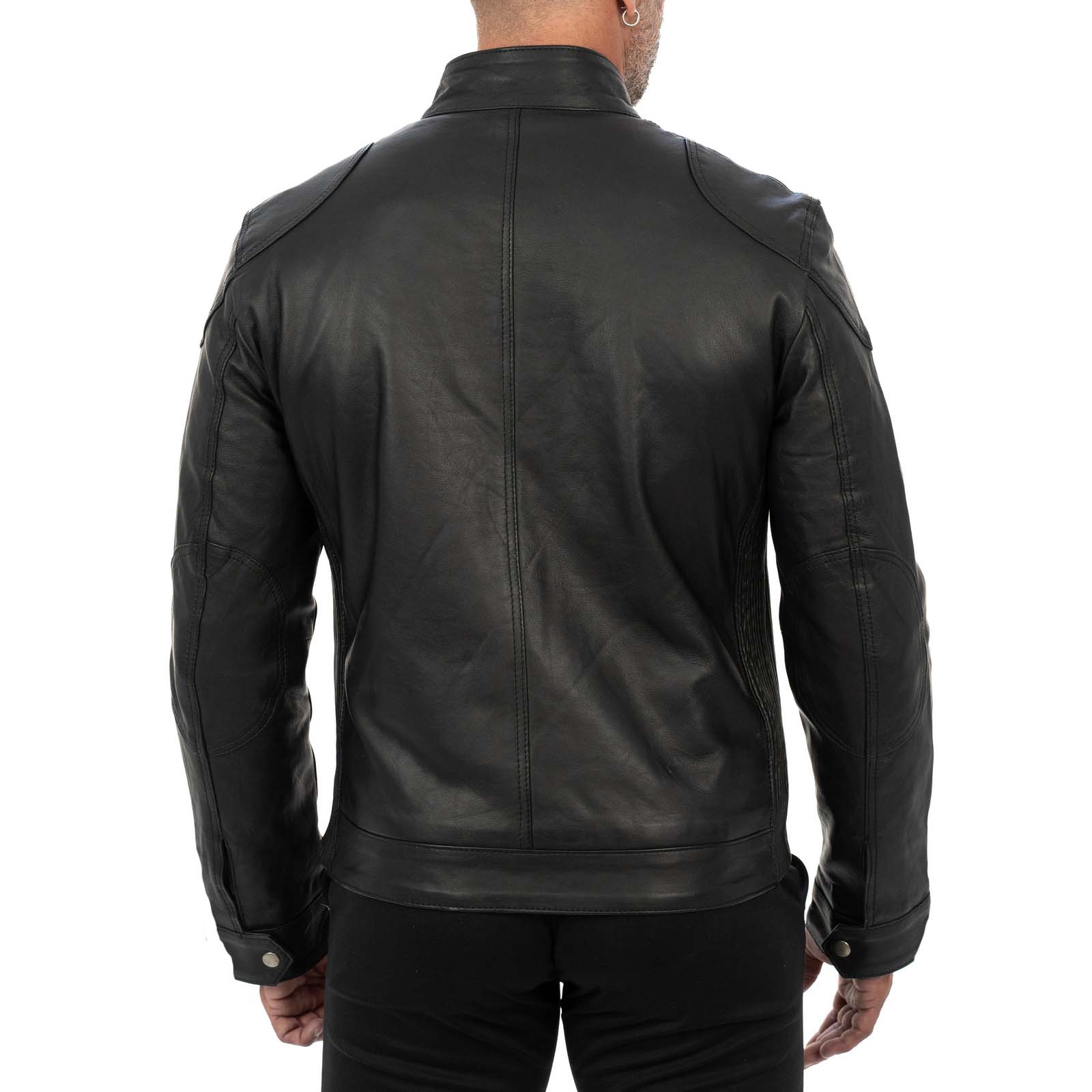 Giacca Biker In Vera Pelle Nera Uomo Slim Chiusura Principale Cerniera E Patta Rindway