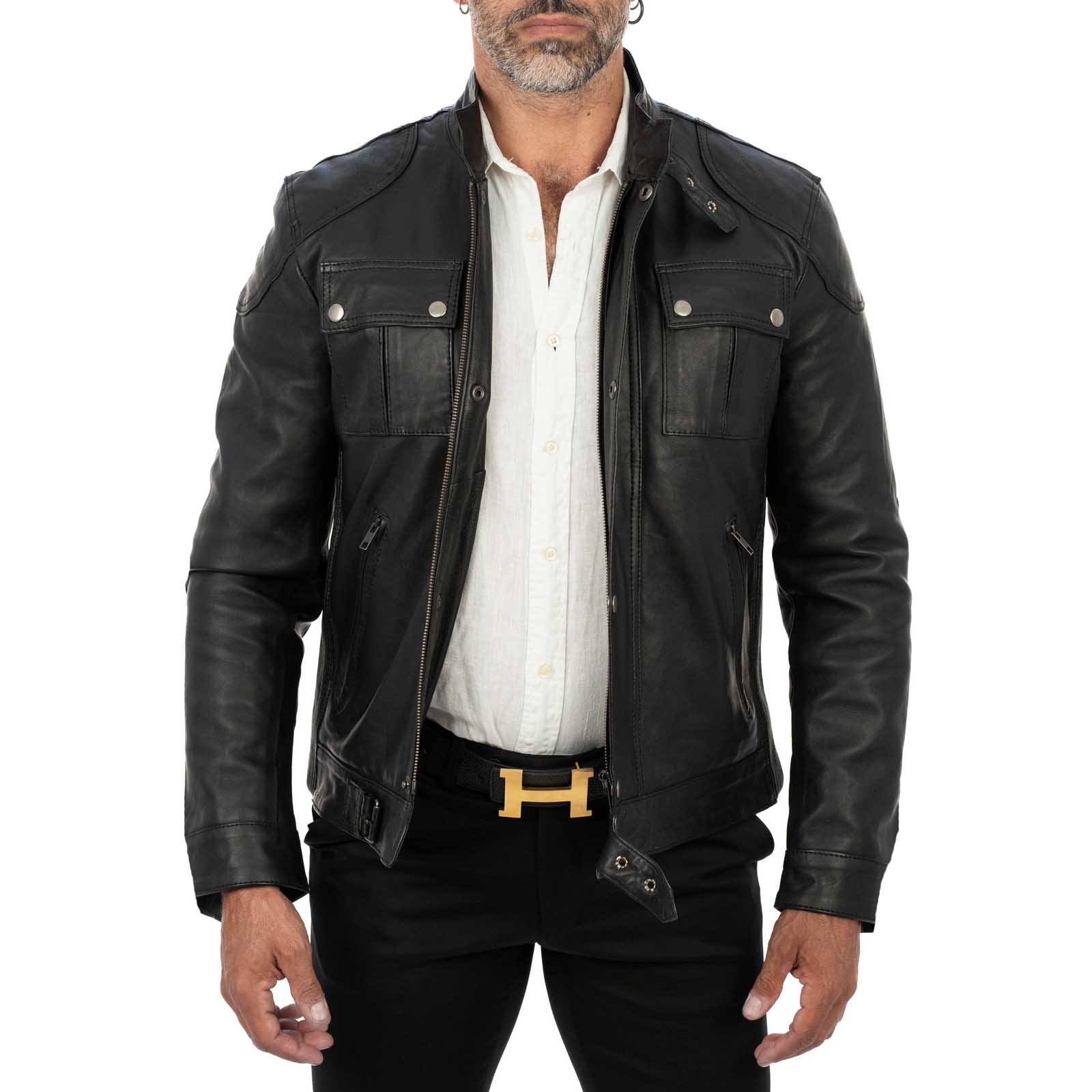 Slim Men's Genuine Leather Biker Jacket Rindway Main Zipper And Flap Closure