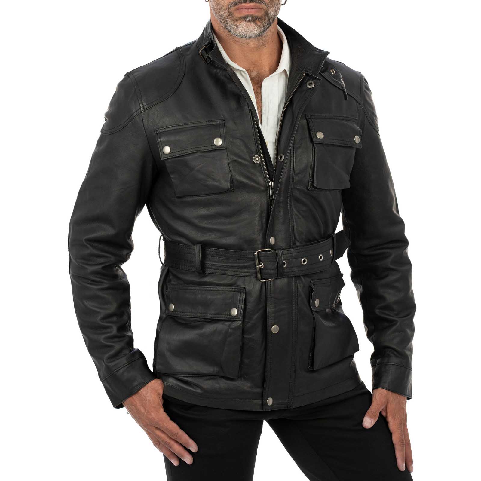 Slim men's long jacket in genuine leather with large pockets and Rindway waist belt