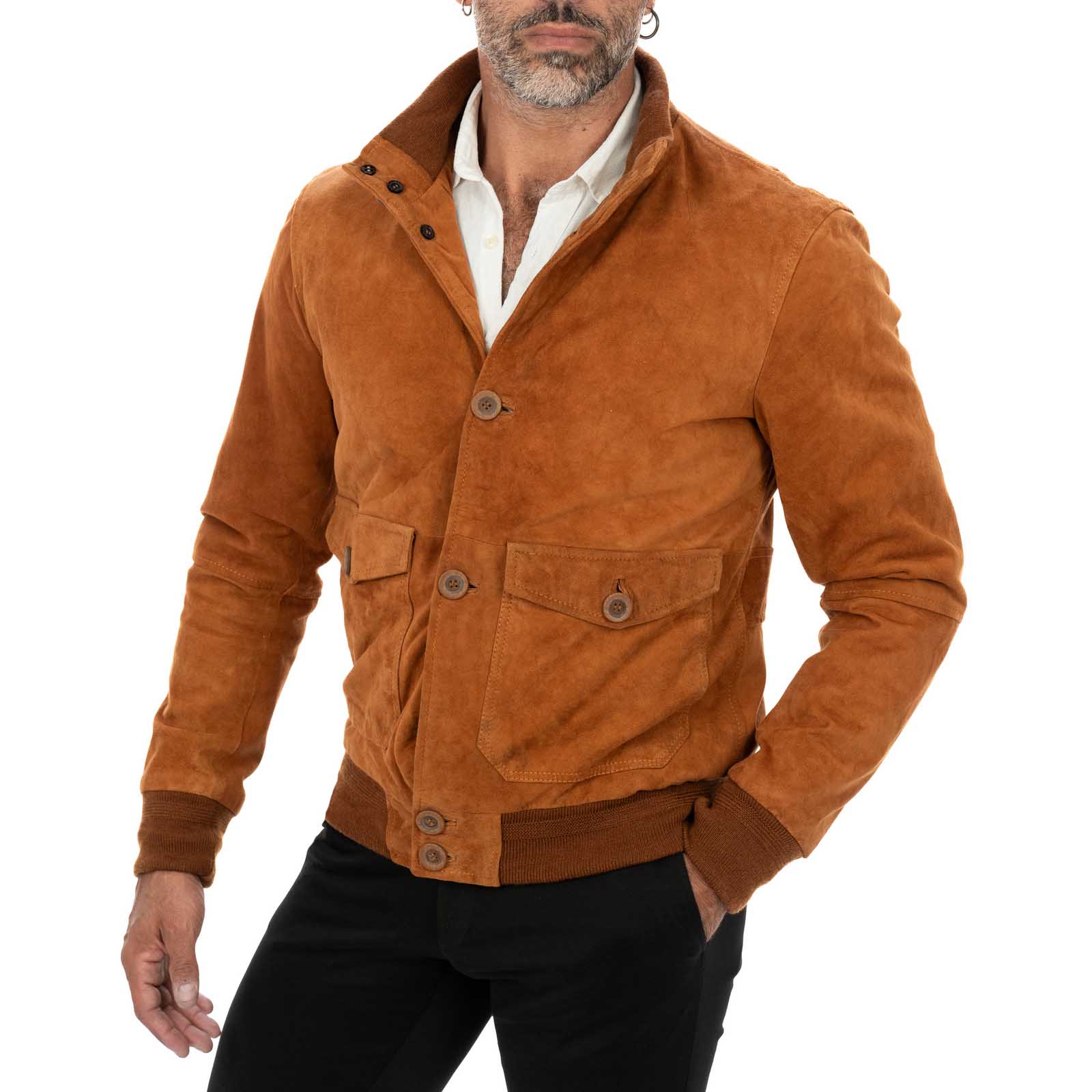 Slim Men's Burnt Suede Bomber Jacket With Buttons And Big Pockets Rindway