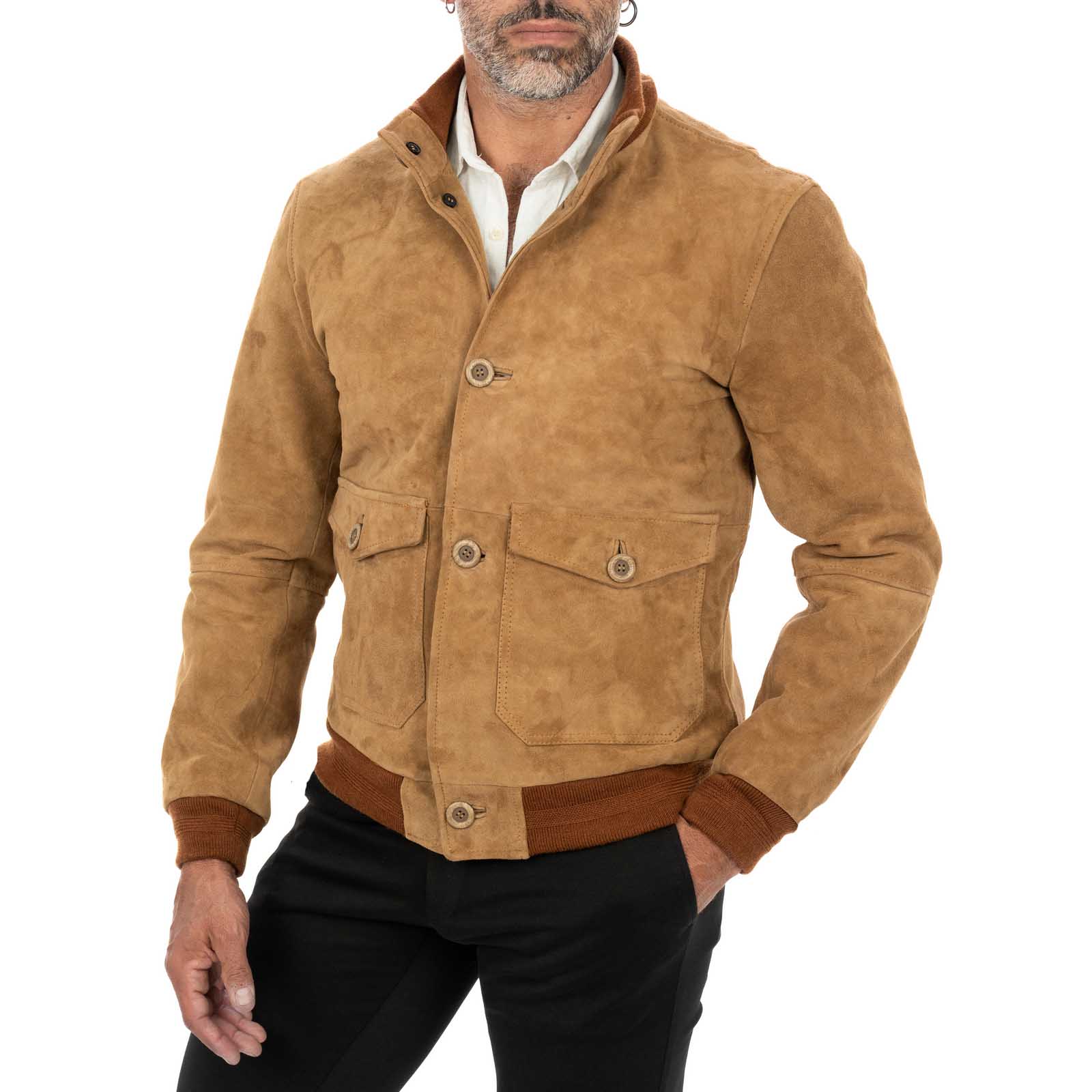 Slim Men's Bomber Jacket In Genuine Leather Suede Taupe With Buttons And Big Pockets Rindway