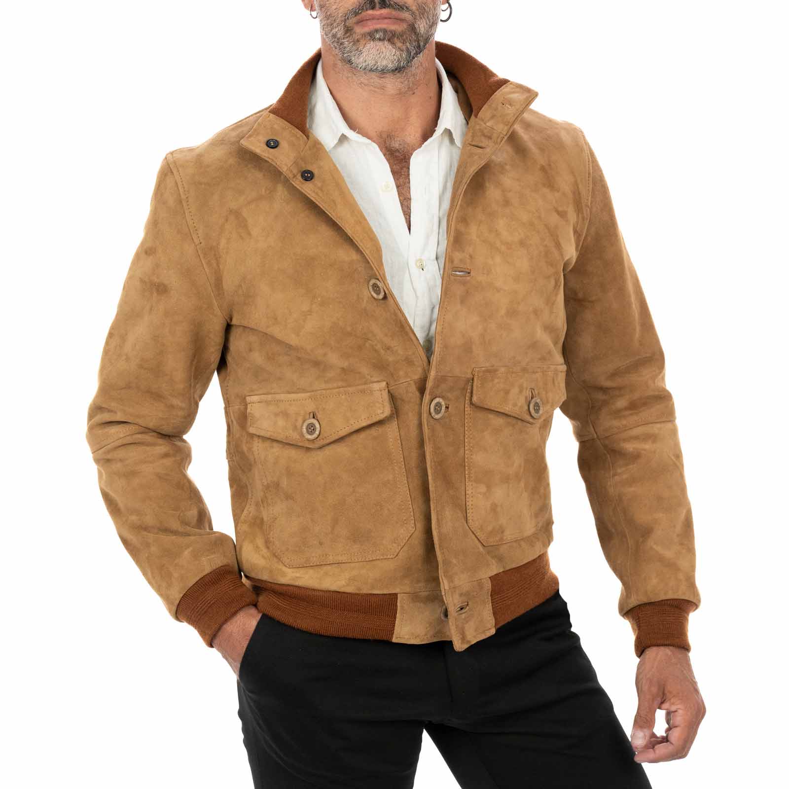 Slim Men's Bomber Jacket In Genuine Leather Suede Taupe With Buttons And Big Pockets Rindway