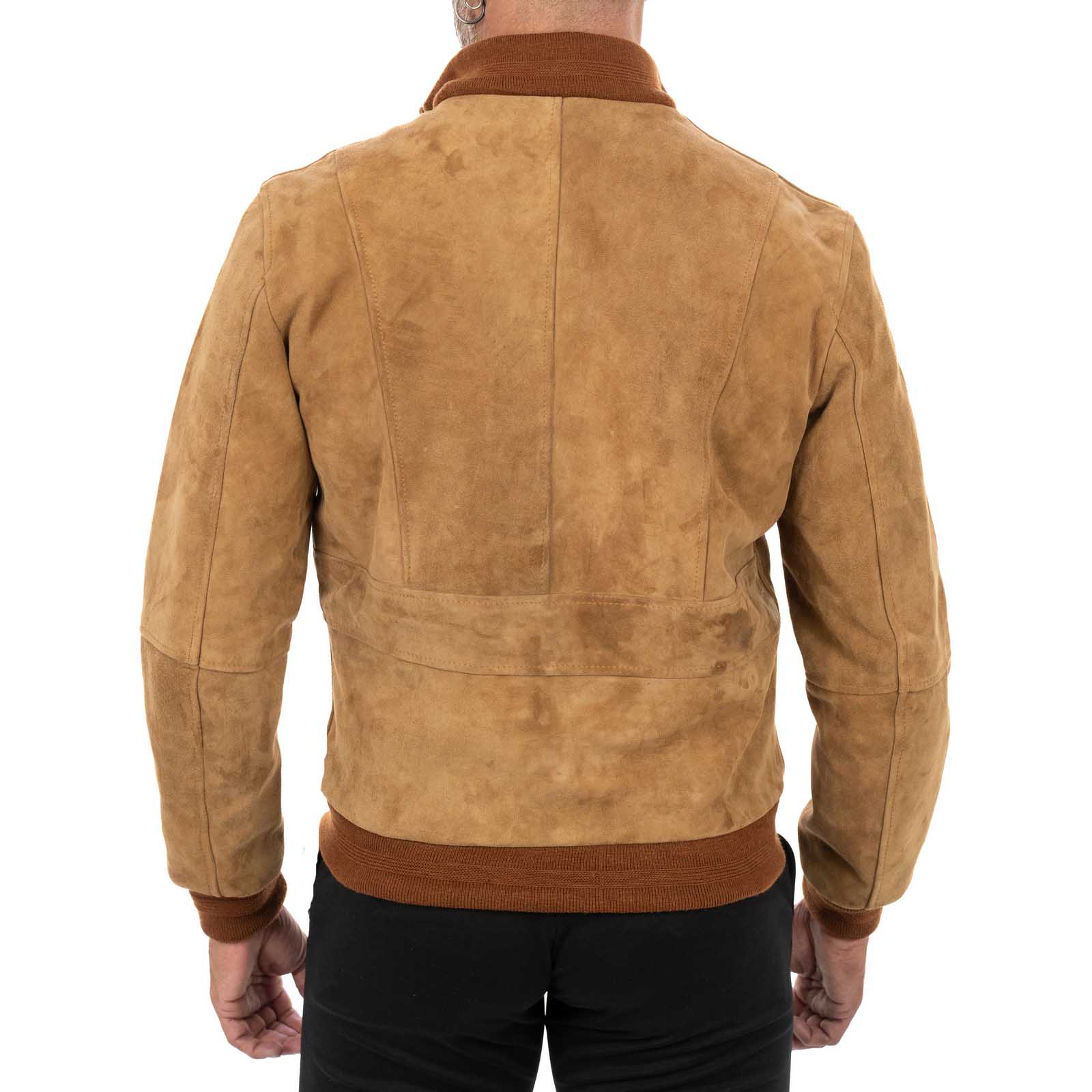 Slim Men's Bomber Jacket In Genuine Leather Suede Taupe With Buttons And Big Pockets Rindway