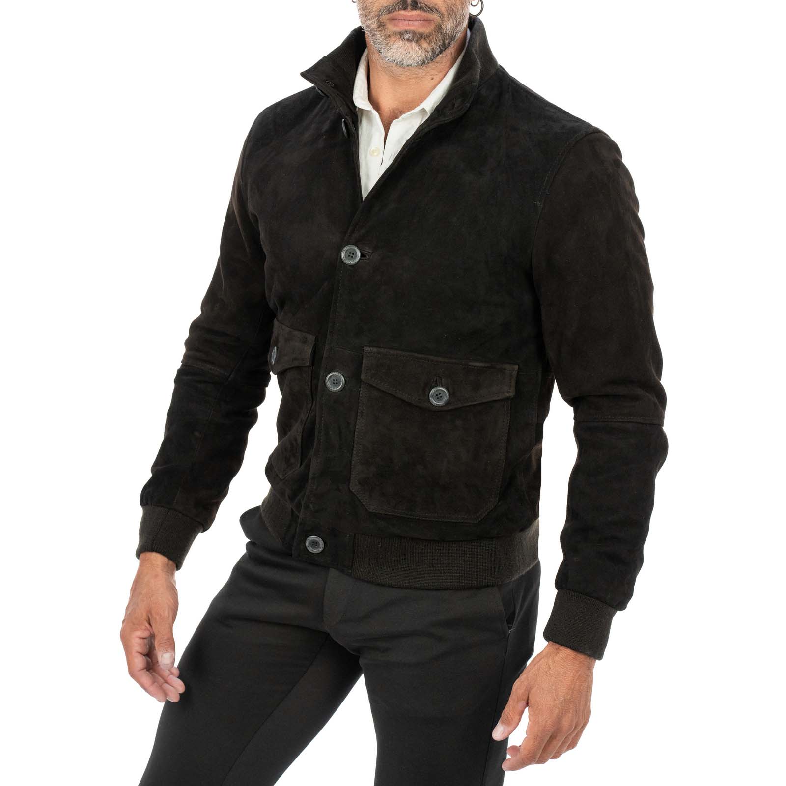 Slim Men's Brown Suede Genuine Leather Bomber Jacket with Rindway Buttons and Big Pockets