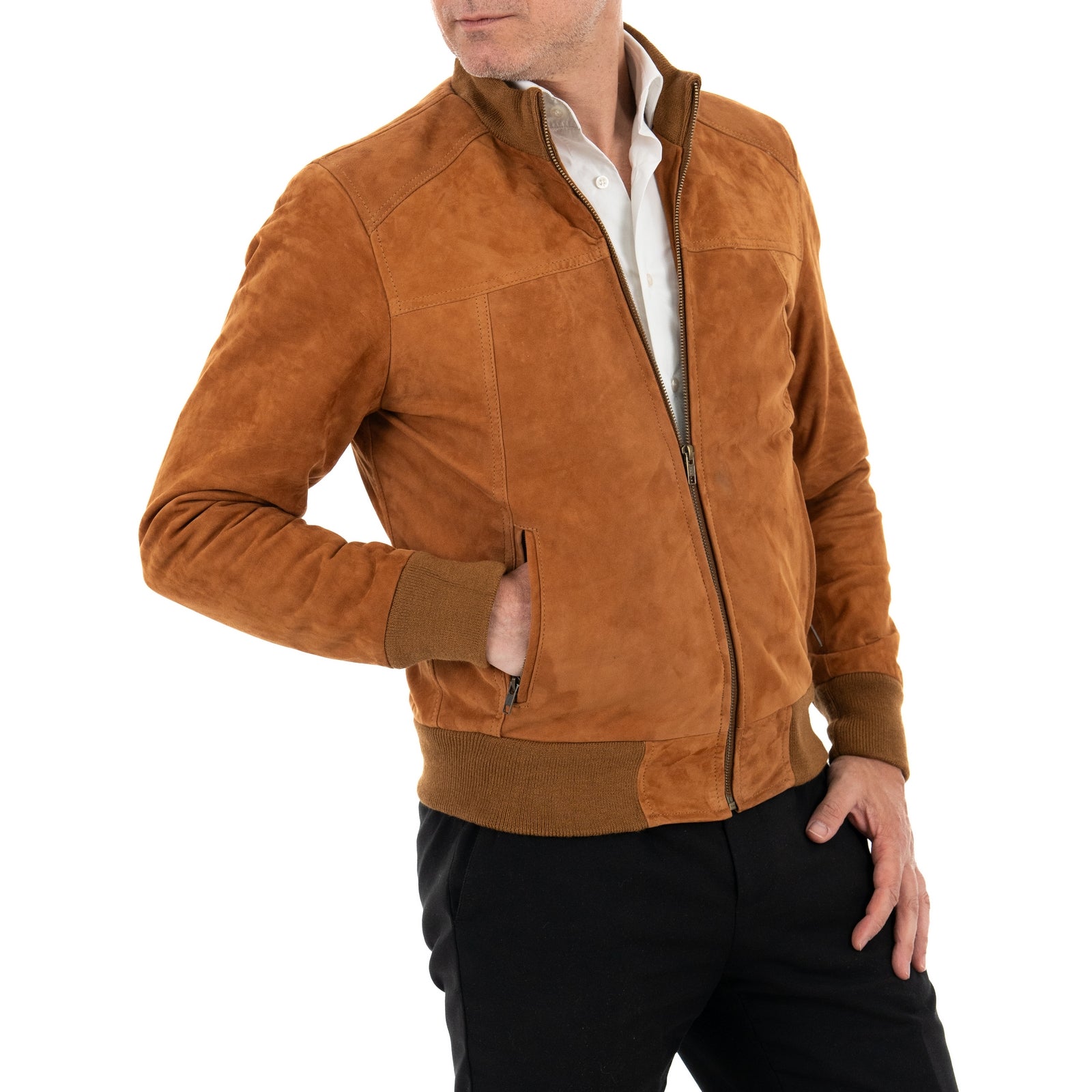 Giubbotto Bomber In Vera Pelle Camoscio Bruciato Uomo Slim Con Tagli Frontali Rindway