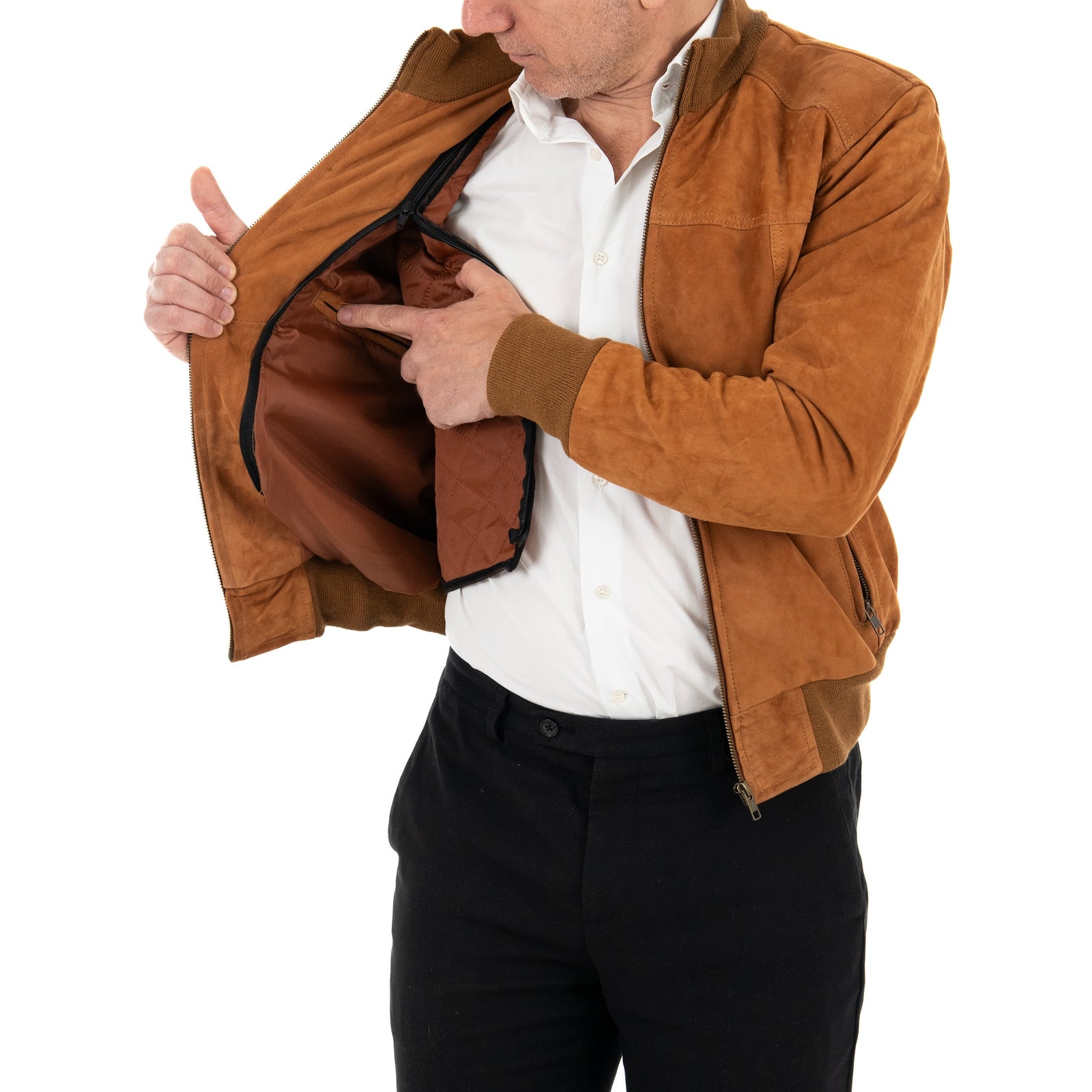 Giubbotto Bomber In Vera Pelle Camoscio Bruciato Uomo Slim Con Tagli Frontali Rindway