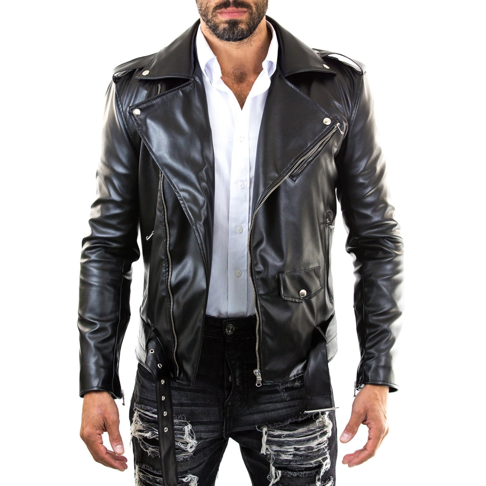 Men's Biker Jacket in Genuine Blue Leather Slim with Red Interior Rindway