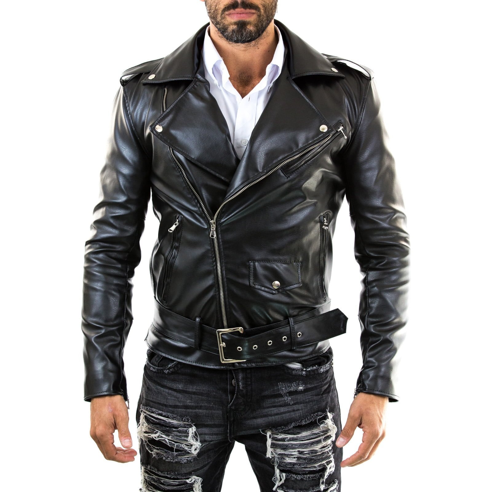 Chiodo Biker In Vera Pelle Nero Uomo Slim Interno Rosso Rindway