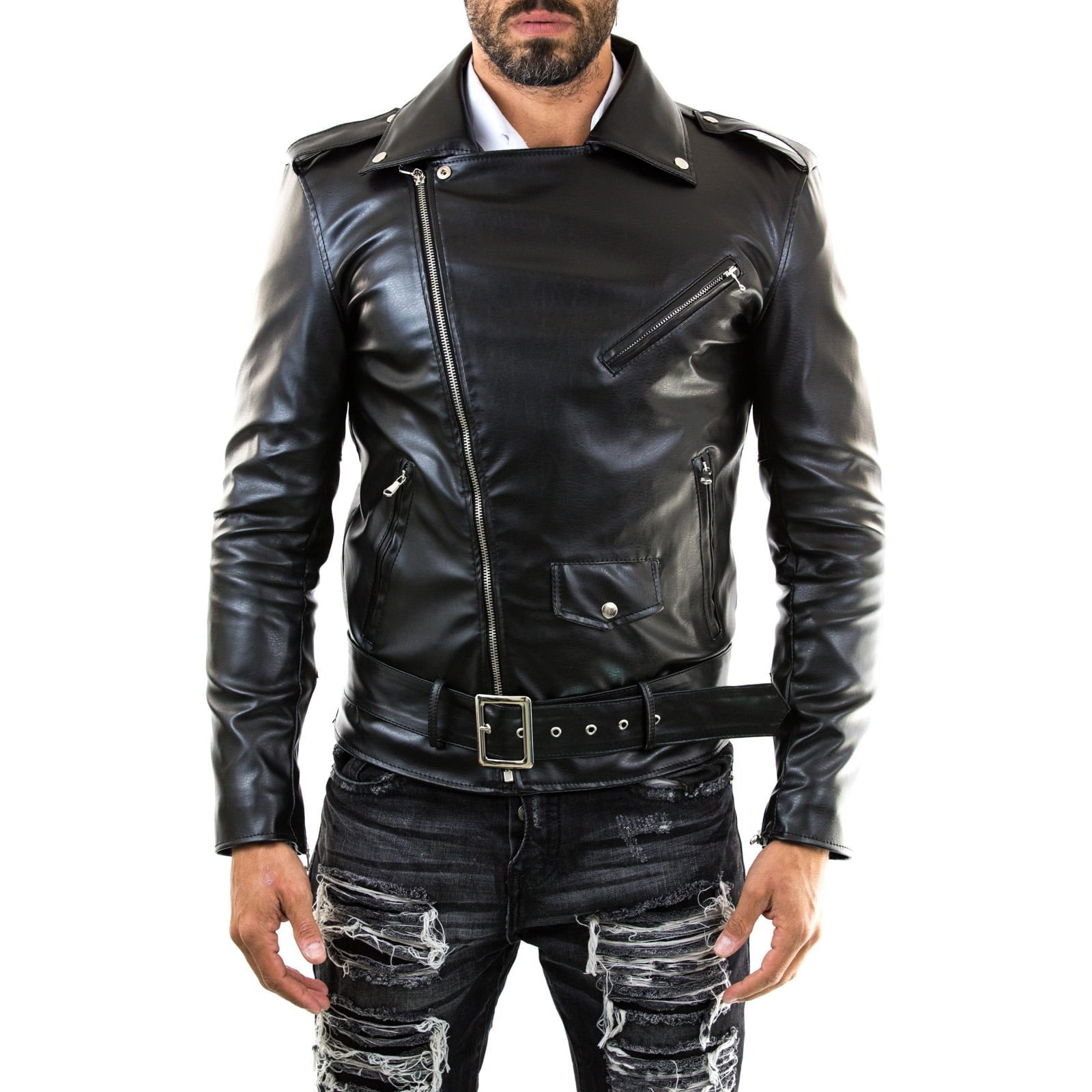 Chiodo Biker In Vera Pelle Nero Uomo Slim Interno Rosso Rindway