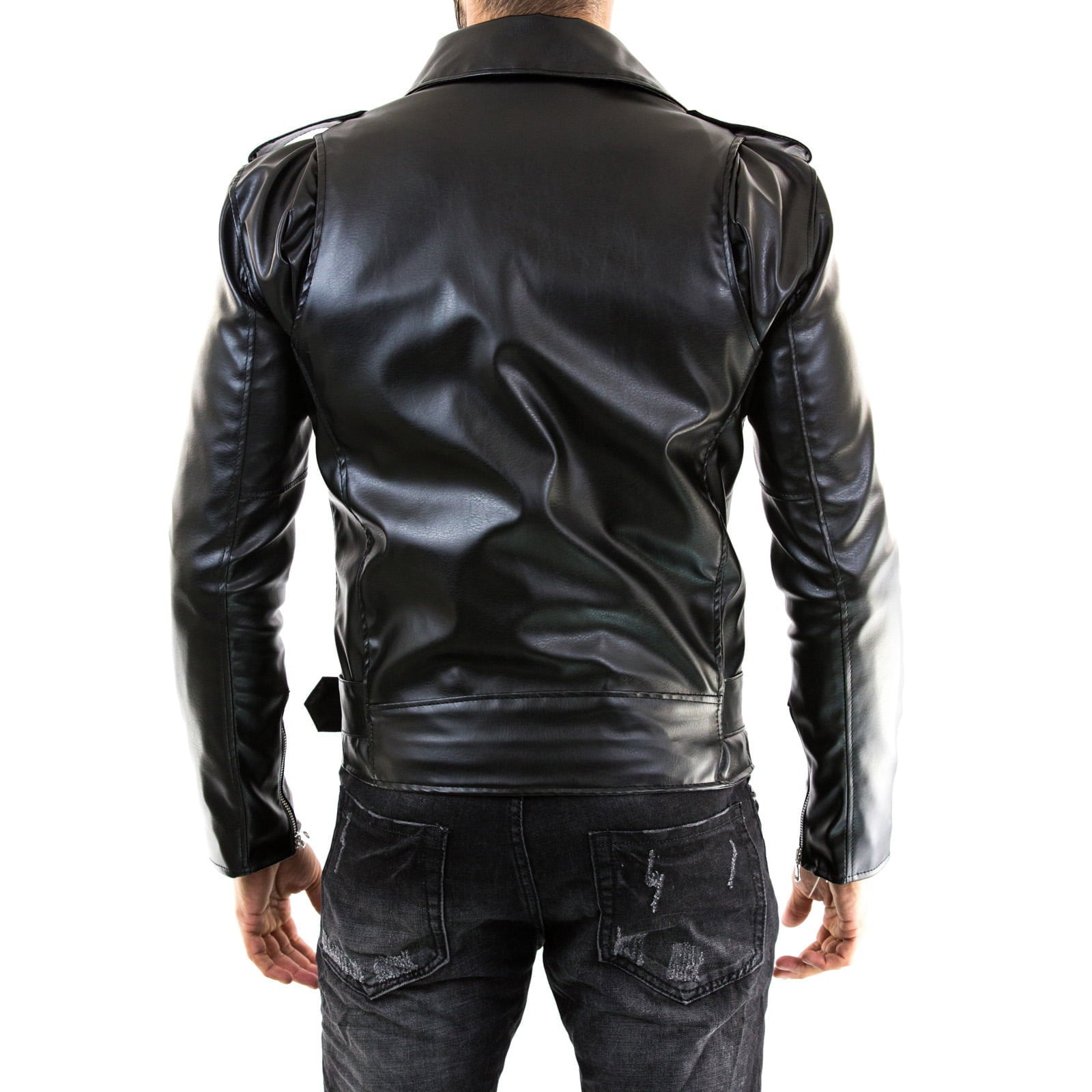 Chiodo Biker In Vera Pelle Nero Uomo Slim Interno Rosso Rindway